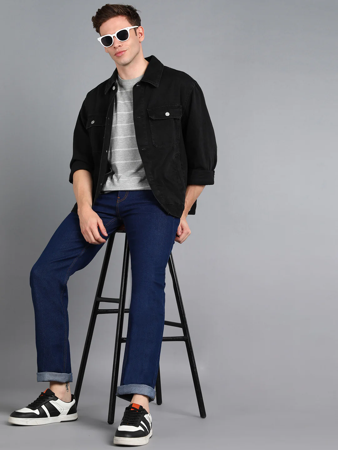 Men's Navy Regular Fit Washed Jeans Stretchable - Image 4