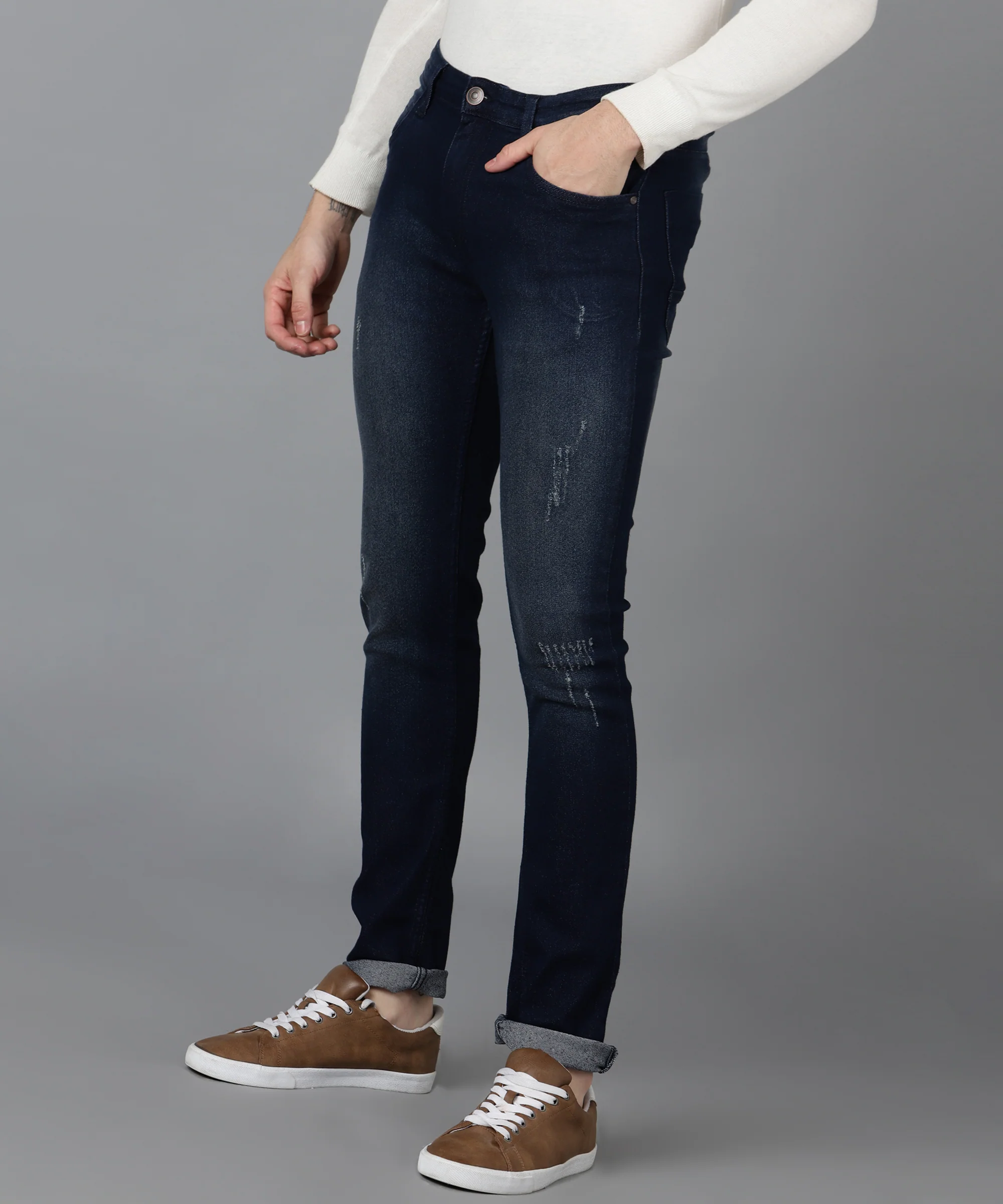 Men's Navy Skinny Fit Mild Distressed/Torn Jeans Stretchable - Image 2