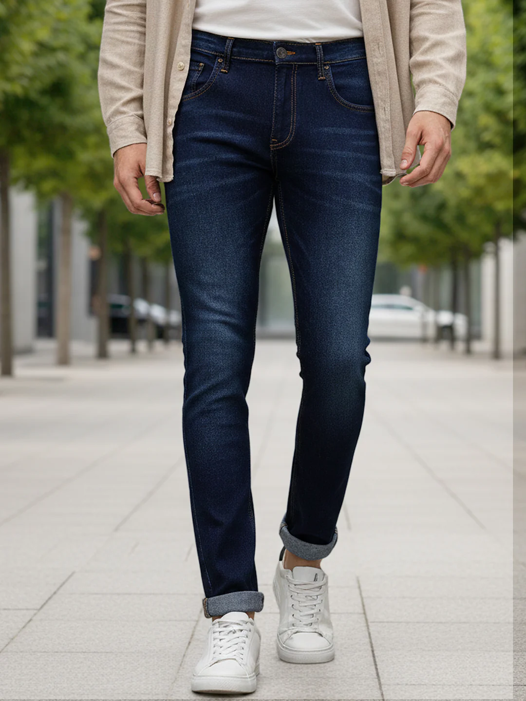 Men's Navy Skinny Fit Washed Jeans Stretchable