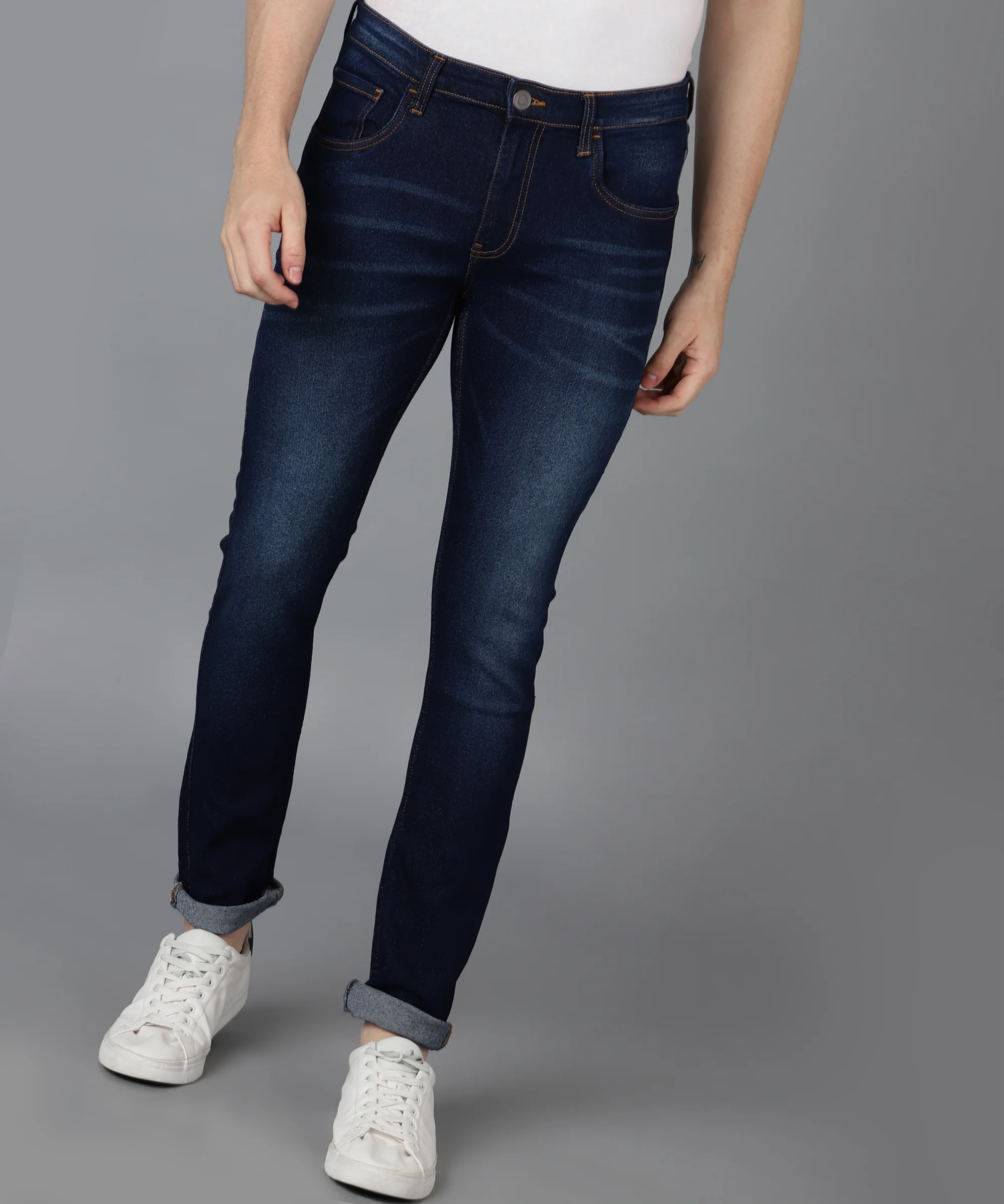 Men's Navy Skinny Fit Washed Jeans Stretchable - Image 2