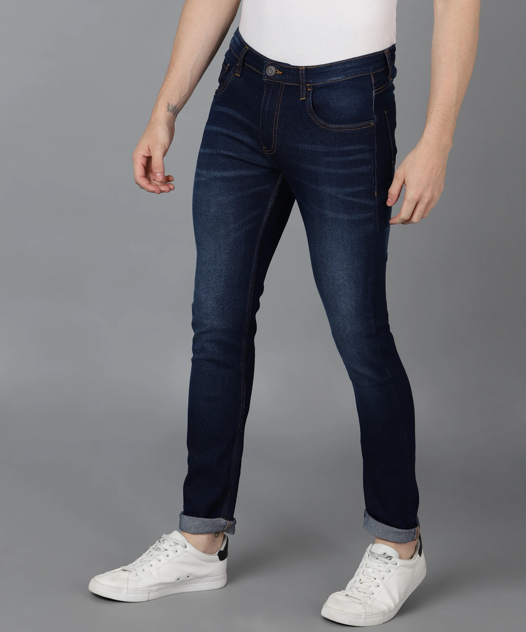 Men's Navy Skinny Fit Washed Jeans Stretchable - Image 3