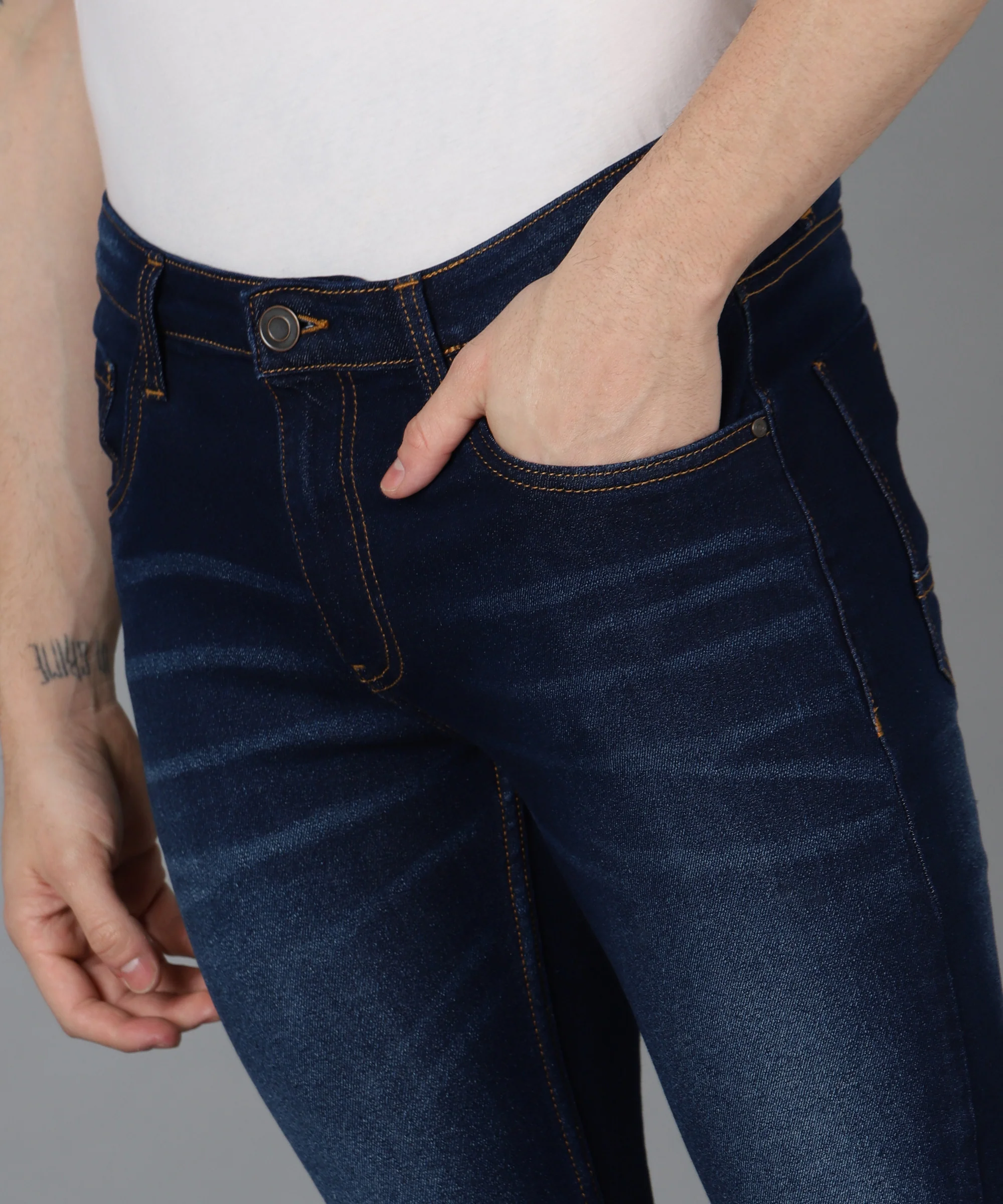 Men's Navy Skinny Fit Washed Jeans Stretchable - Image 6