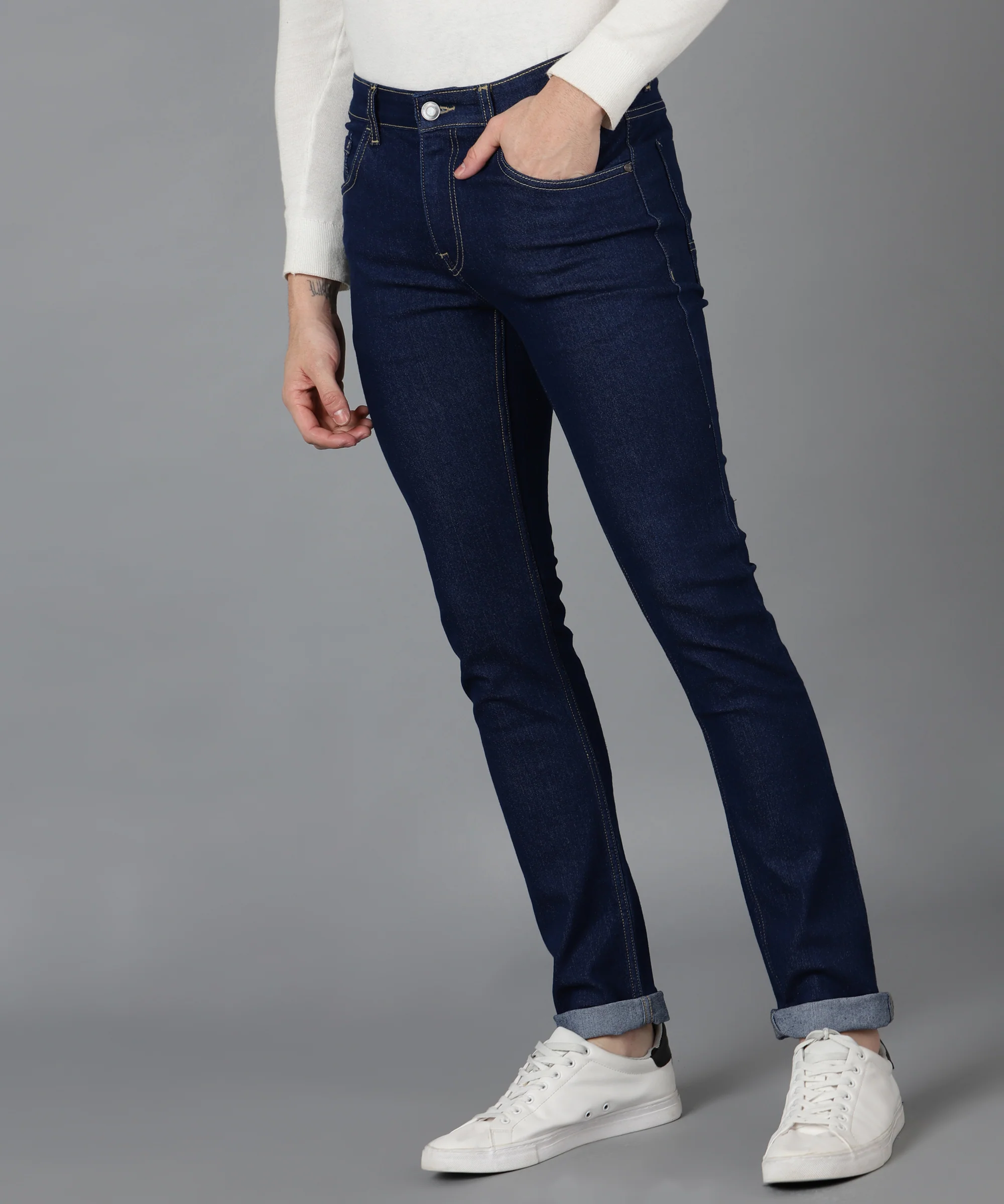 Men's Navy Skinny Fit Washed Jeans Stretchable - Image 2