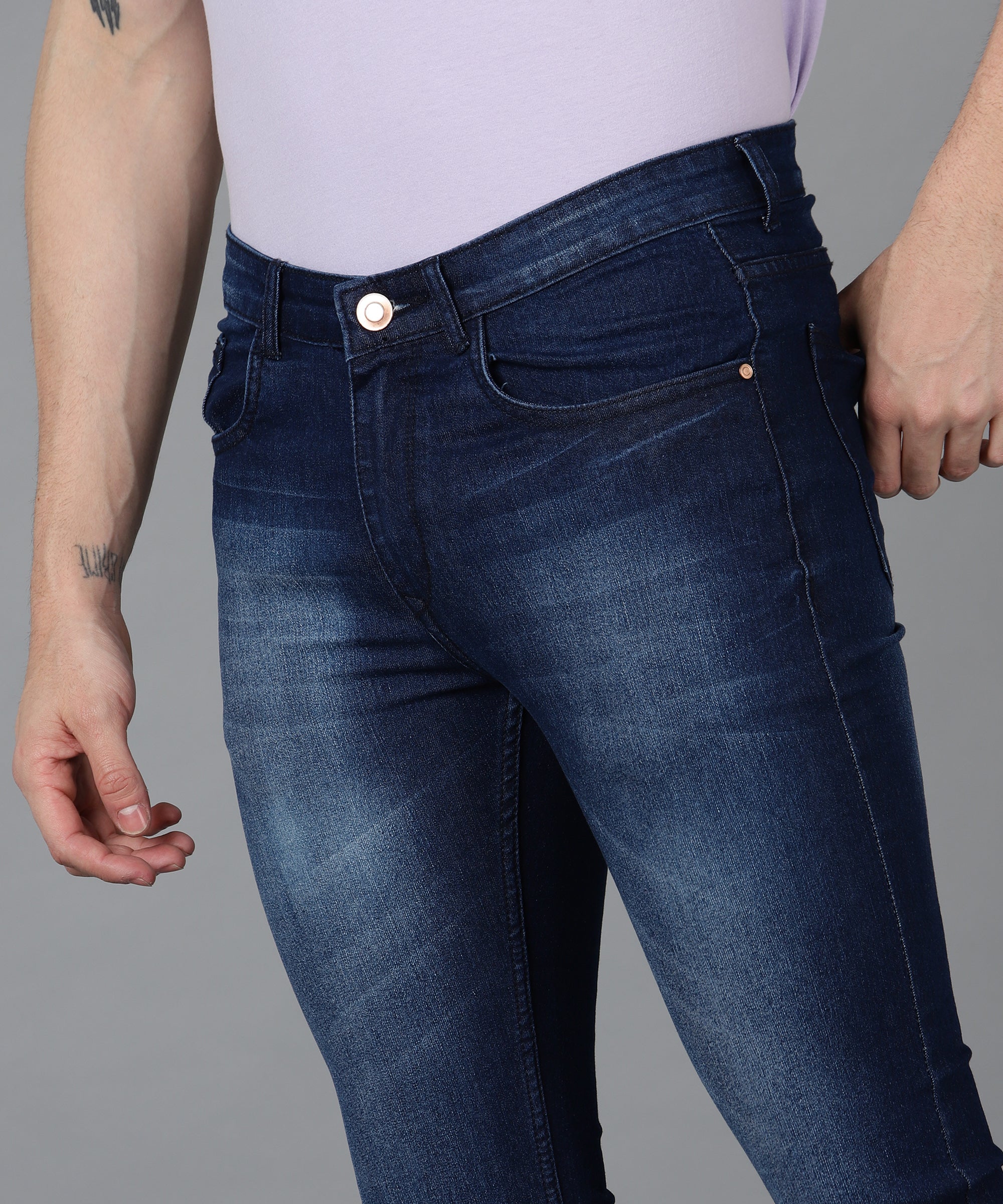 Men's Navy Slim Fit Washed Jeans Stretchable - Image 4