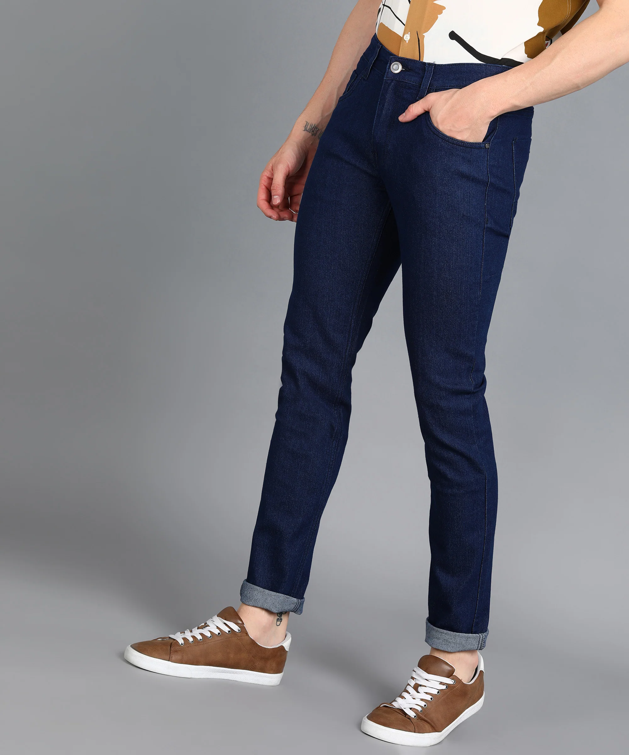 Men's Navy Slim Fit Washed Jeans Stretchable - Image 2