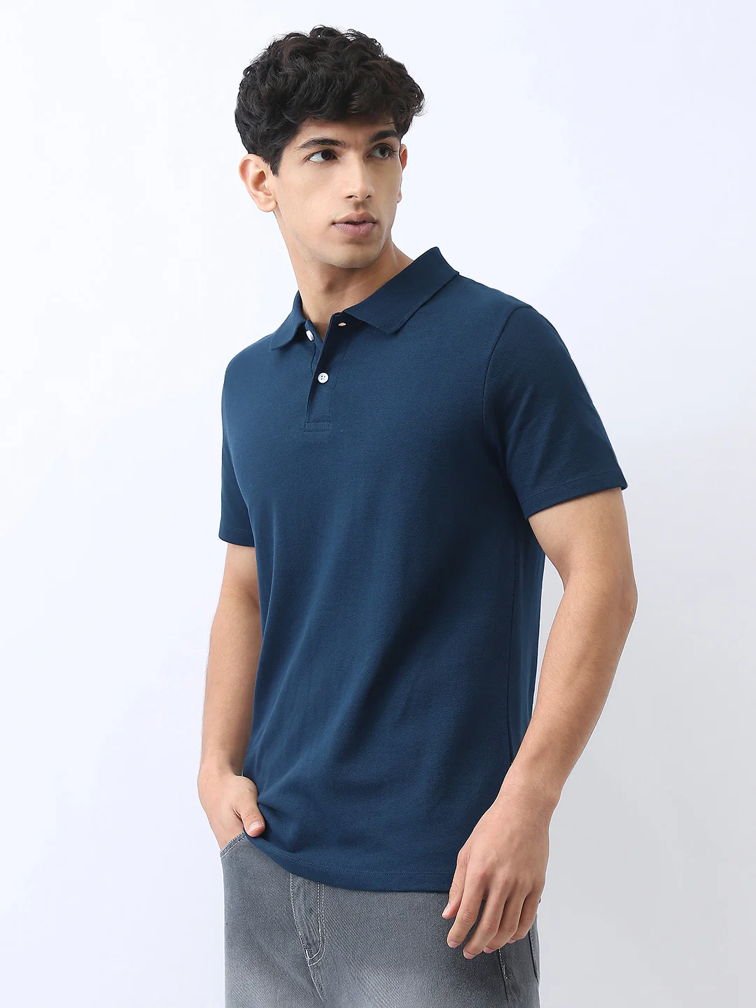 Men's Navy Solid Regular Fit Half Sleeve Cotton Polo T-Shirt - Image 2