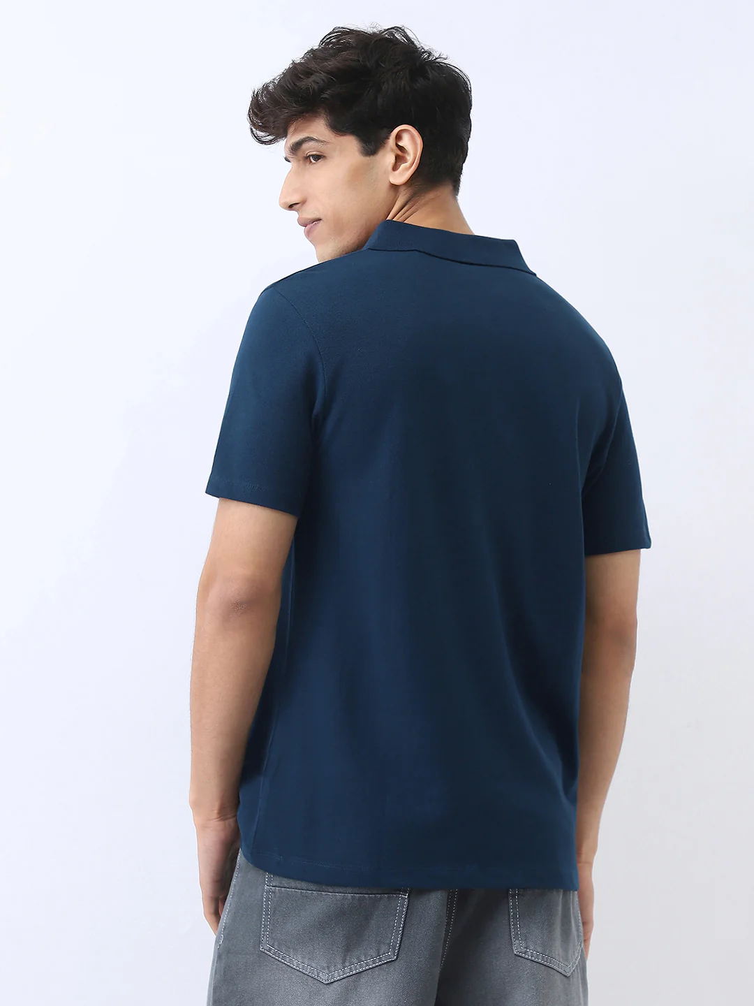 Men's Navy Solid Regular Fit Half Sleeve Cotton Polo T-Shirt - Image 3