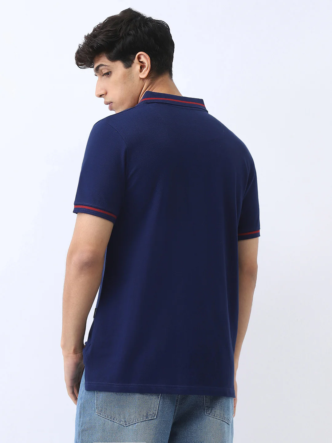 Men's Navy Solid Regular Fit Half Sleeve Cotton Polo T-Shirt - Image 3