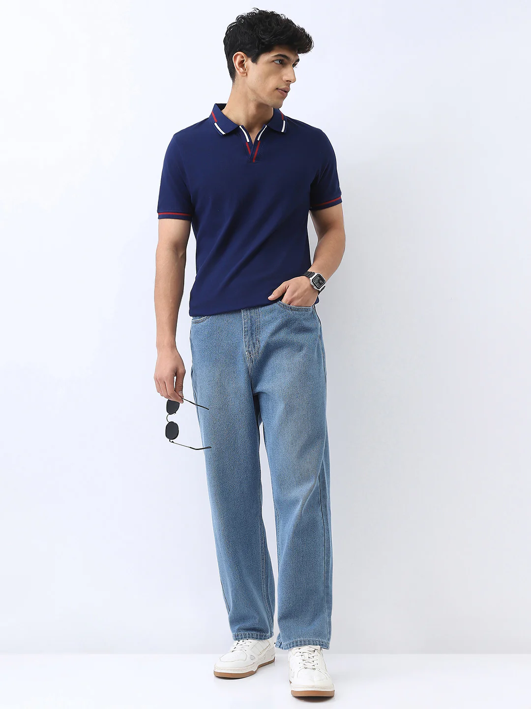 Men's Navy Solid Regular Fit Half Sleeve Cotton Polo T-Shirt - Image 4