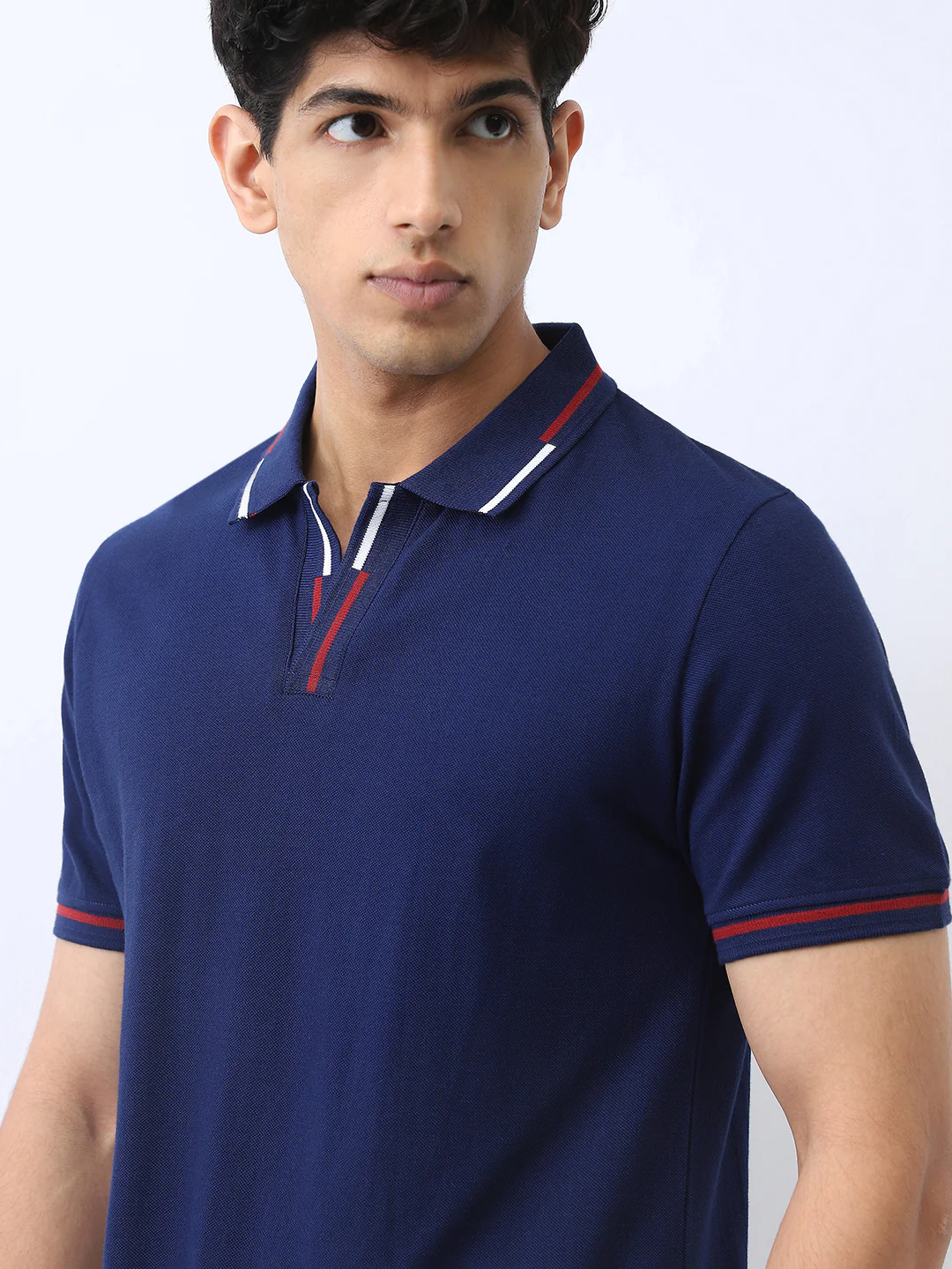 Men's Navy Solid Regular Fit Half Sleeve Cotton Polo T-Shirt - Image 5