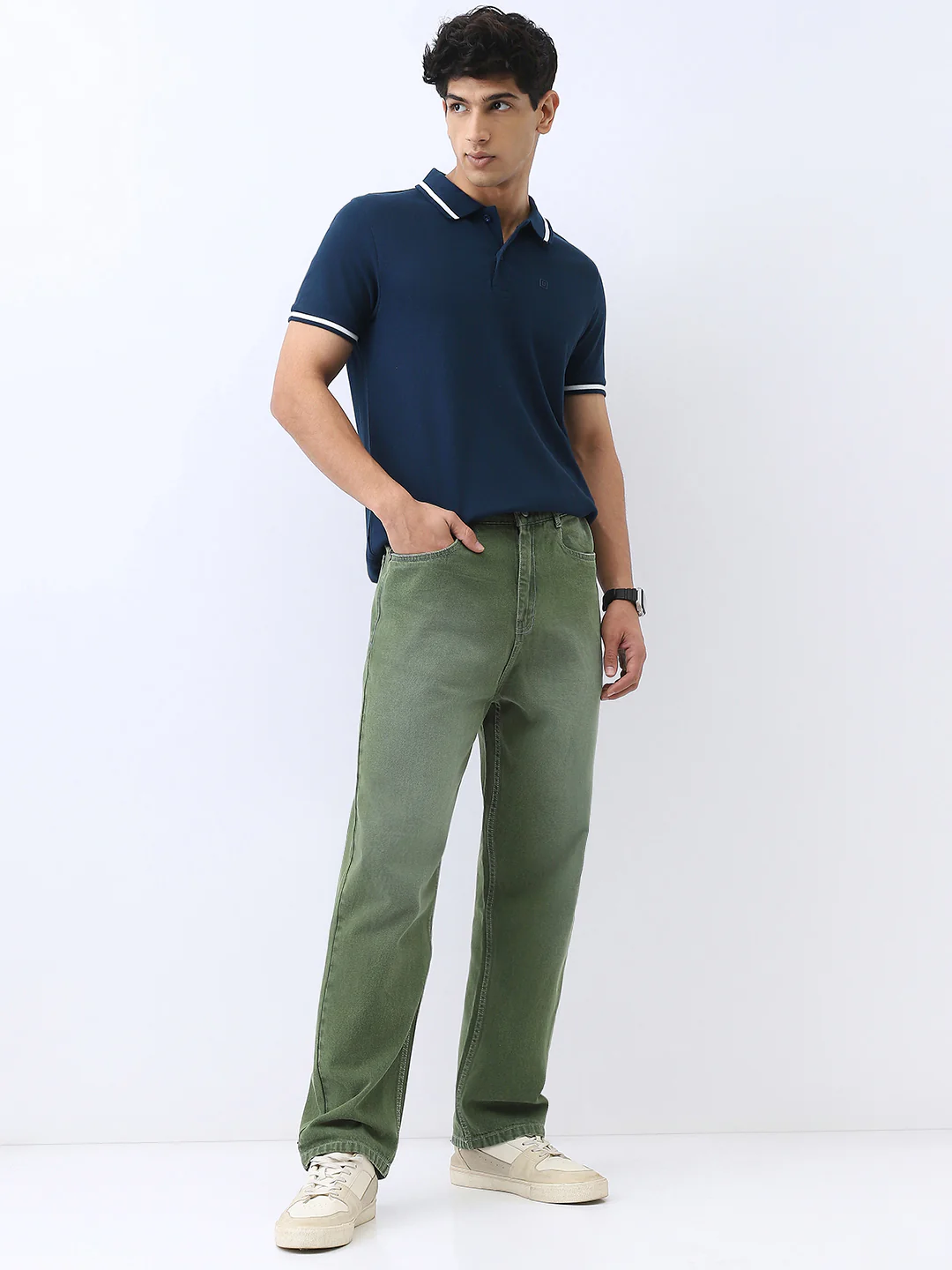 Men's Navy Solid Regular Fit Half Sleeve Cotton Polo T-Shirt - Image 4