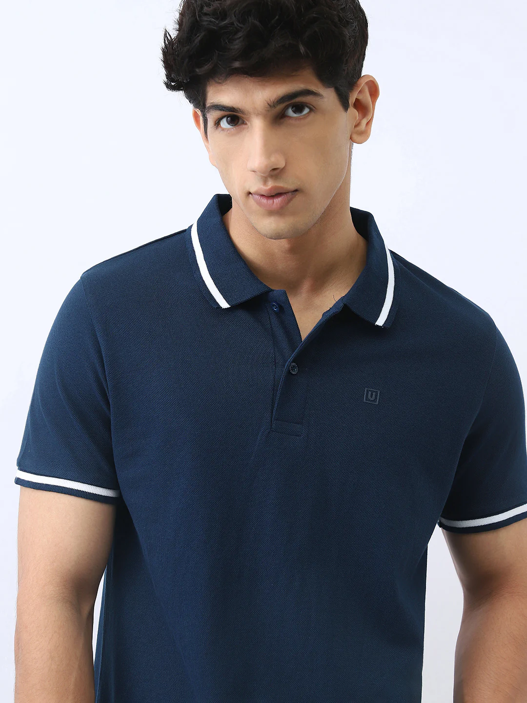Men's Navy Solid Regular Fit Half Sleeve Cotton Polo T-Shirt - Image 5