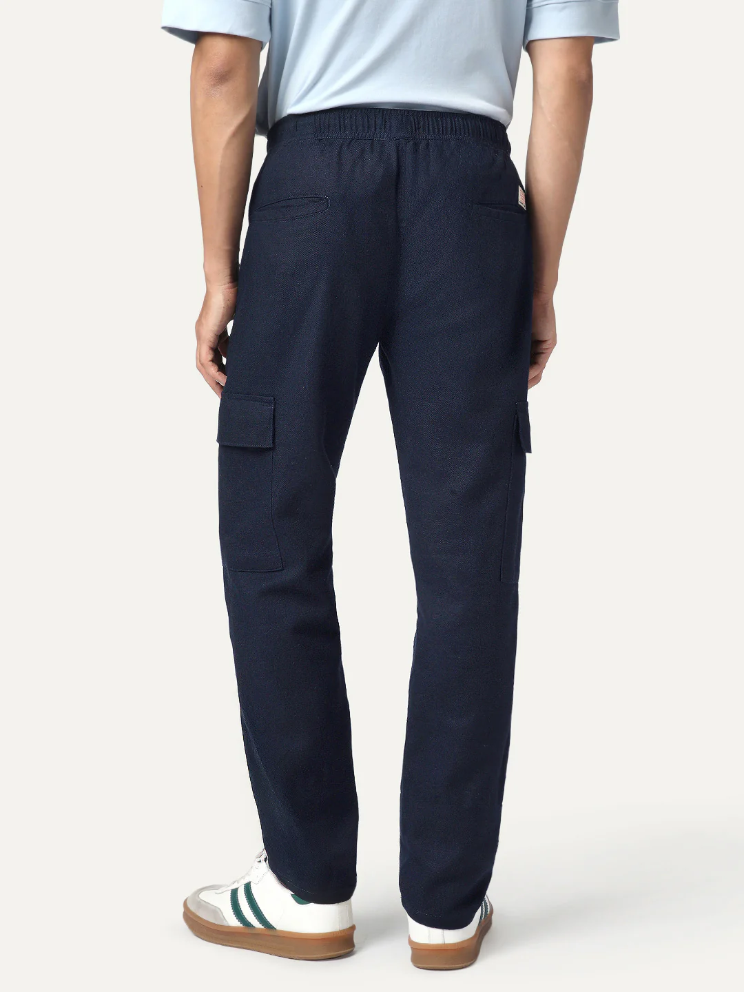 Men's Navy Straight Fit Linen Cargo Pants with 6 Pockets - Image 3