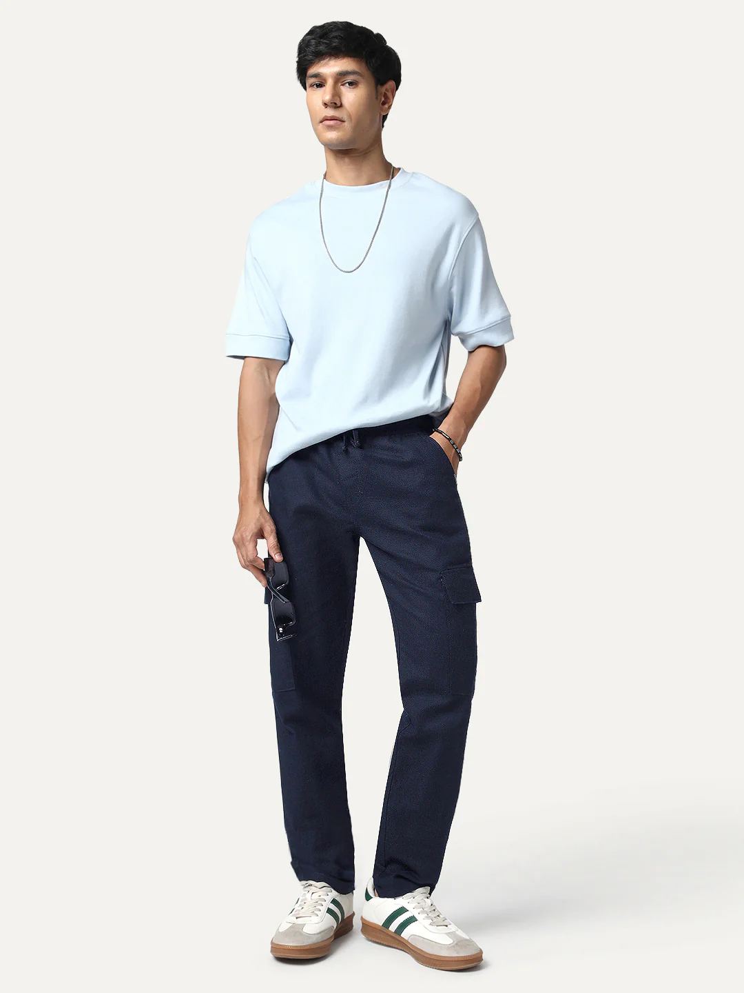 Men's Navy Straight Fit Linen Cargo Pants with 6 Pockets - Image 4