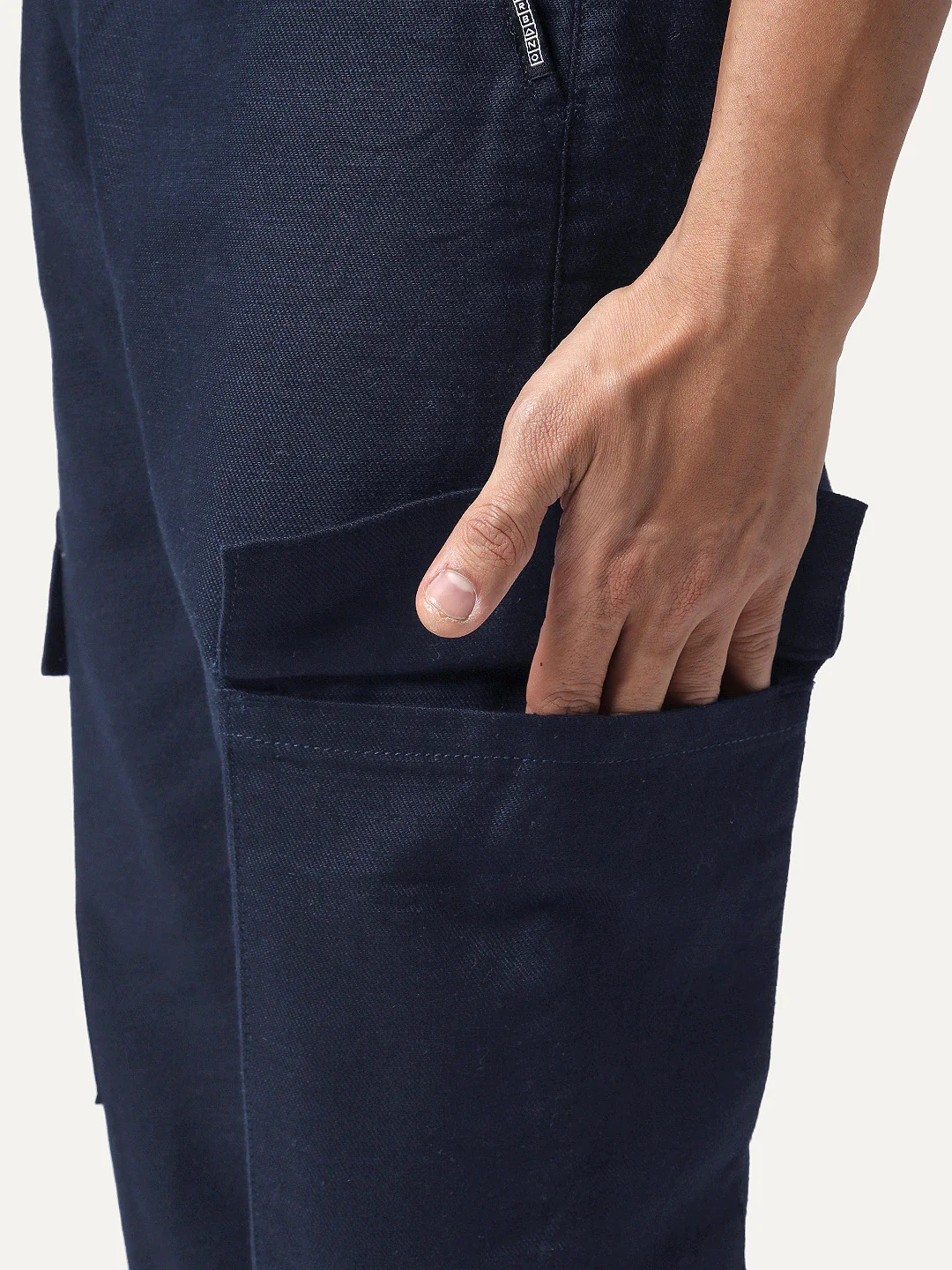 Men's Navy Straight Fit Linen Cargo Pants with 6 Pockets - Image 6