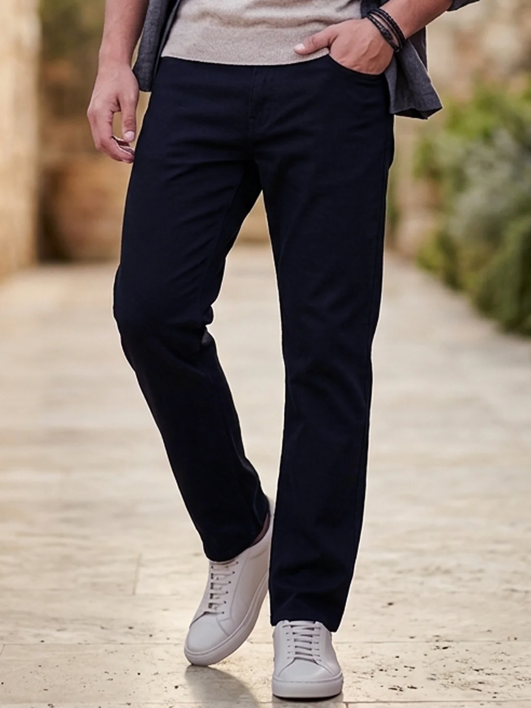 Men's Navy Straight Fit Mid Rise Cotton Casual Chinos Trousers Stretch