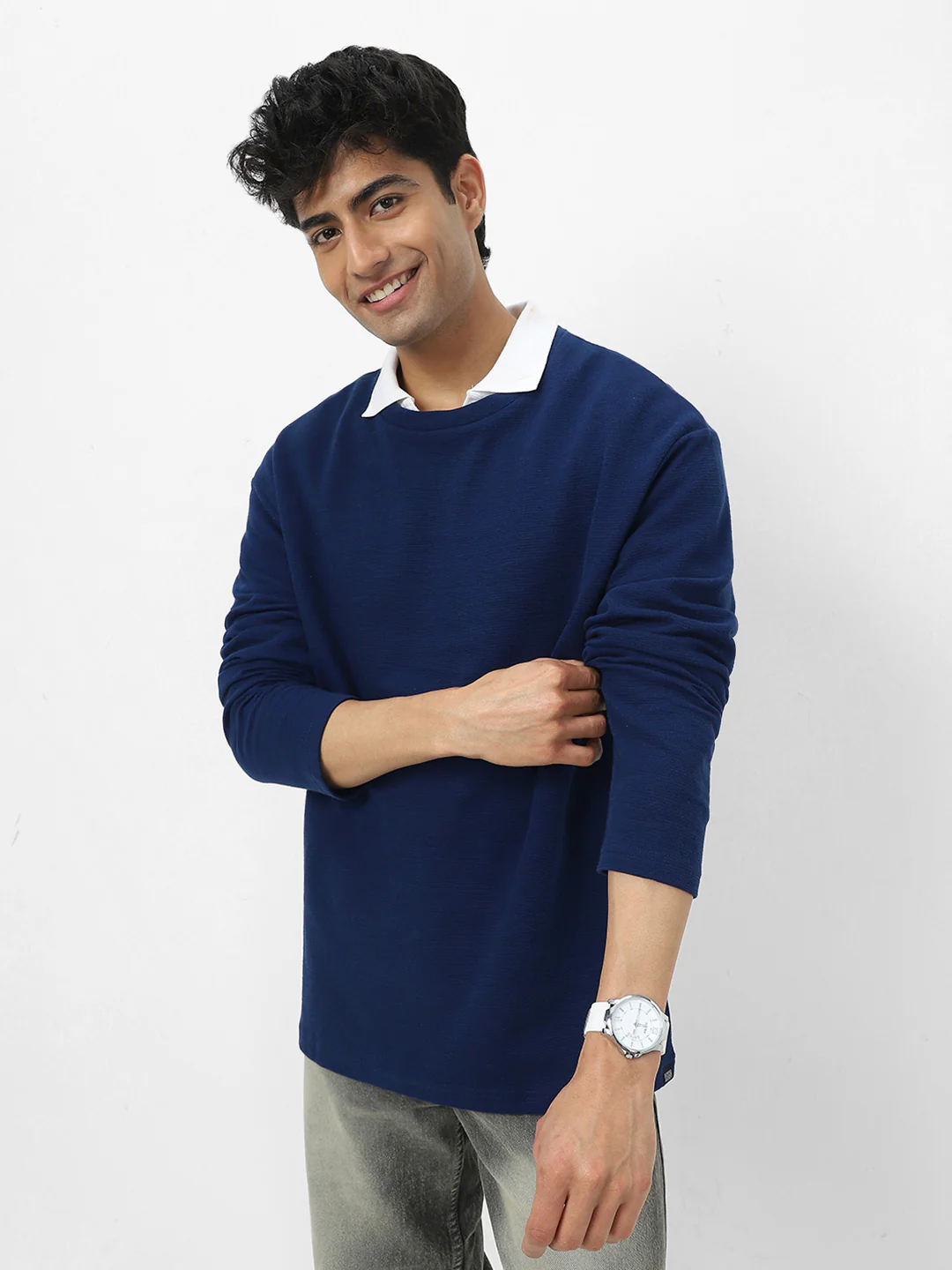 Men's Navy Textured Round Neck Oversized Full Sleeve Cotton T-Shirt - Image 2