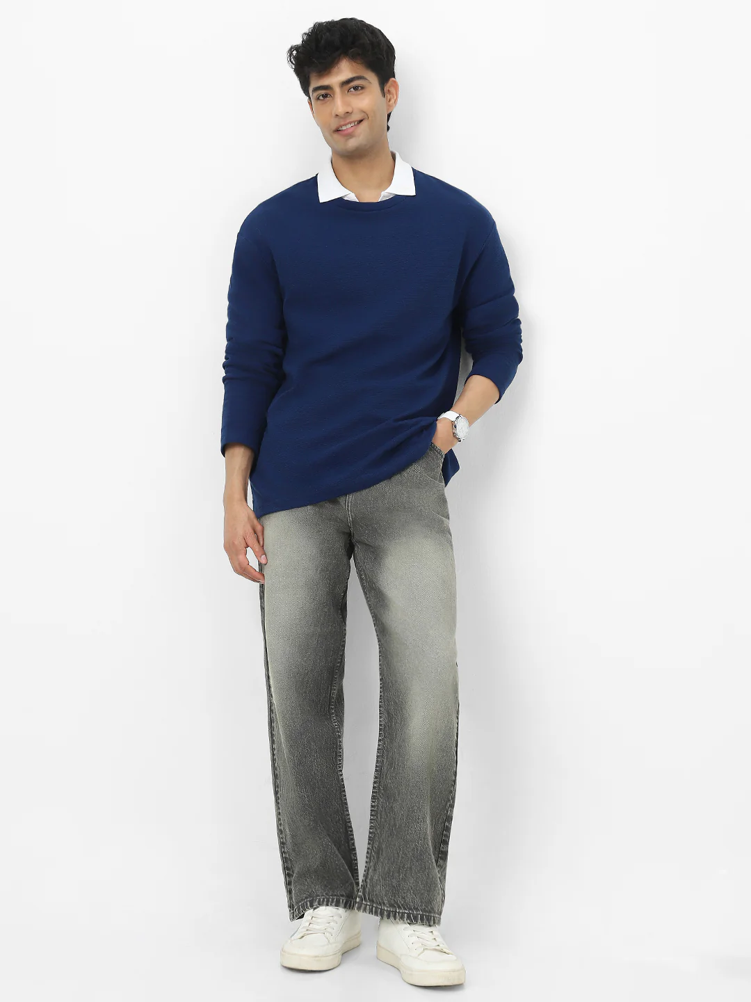 Men's Navy Textured Round Neck Oversized Full Sleeve Cotton T-Shirt - Image 6
