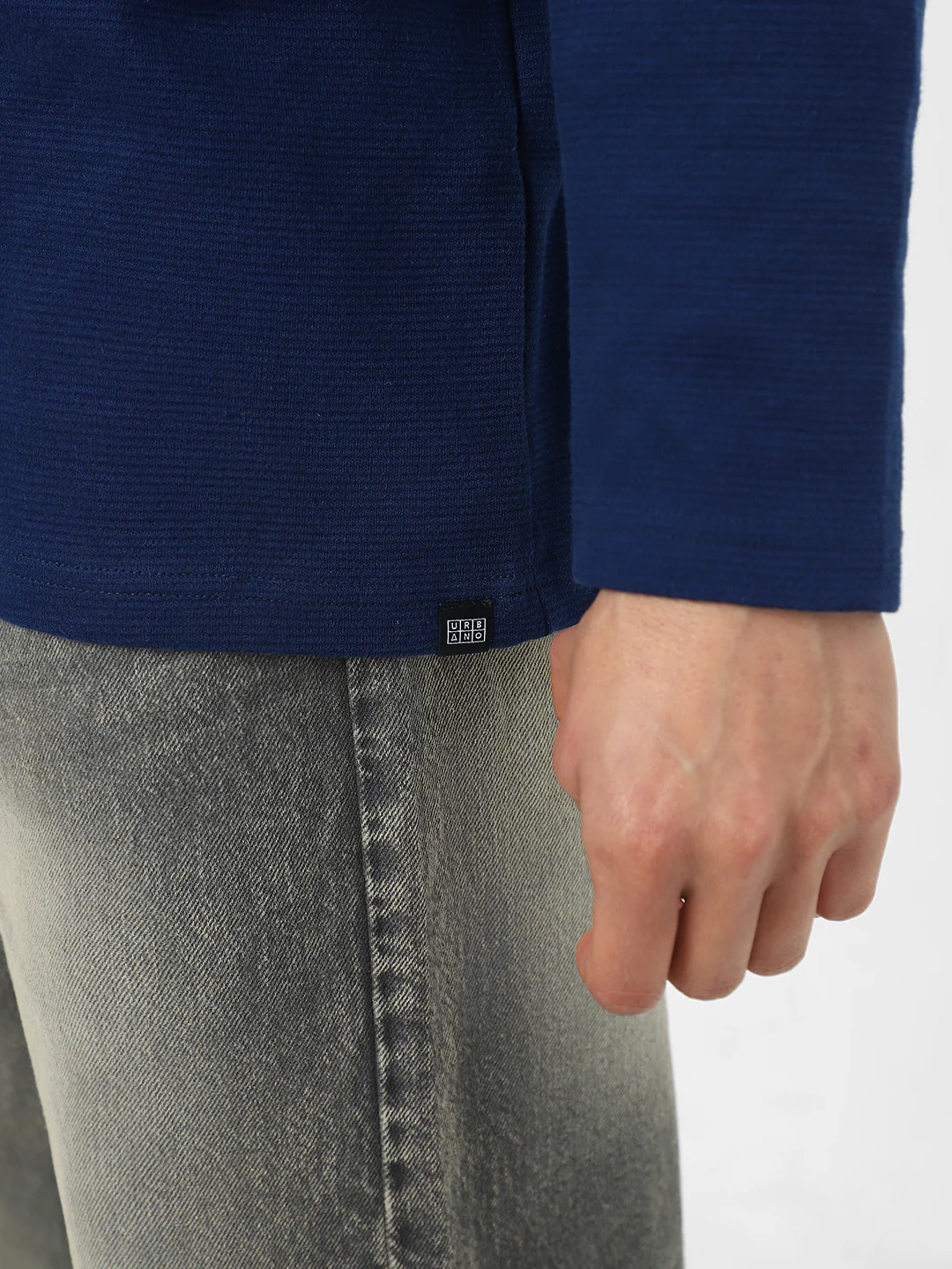 Men's Navy Textured Round Neck Oversized Full Sleeve Cotton T-Shirt - Image 7
