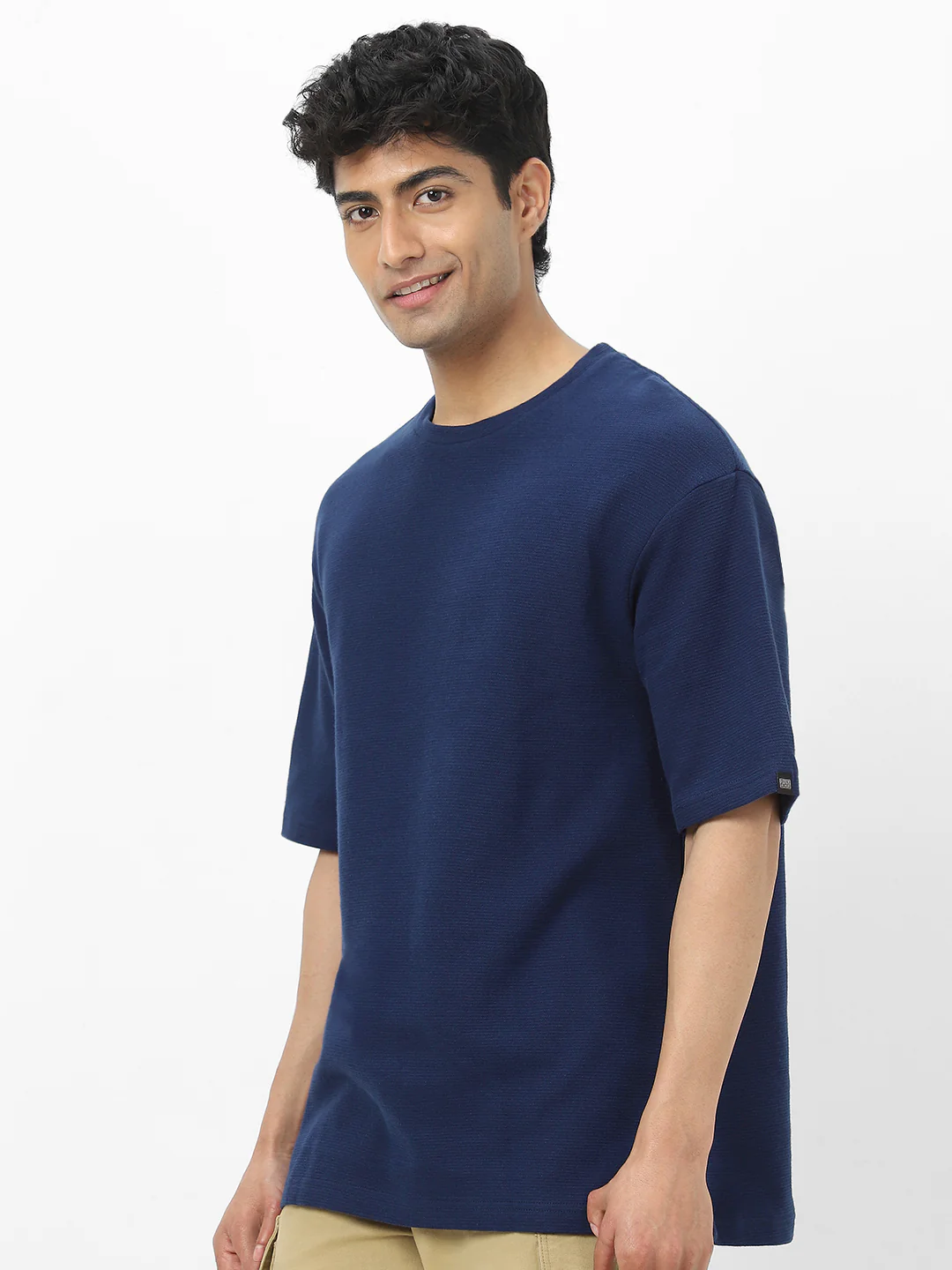 Men's Navy Textured Round Neck Oversized Half Sleeve Cotton T-Shirt - Image 3