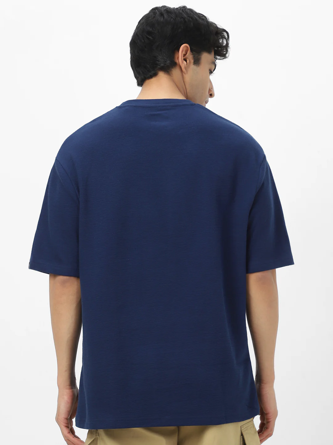Men's Navy Textured Round Neck Oversized Half Sleeve Cotton T-Shirt - Image 4