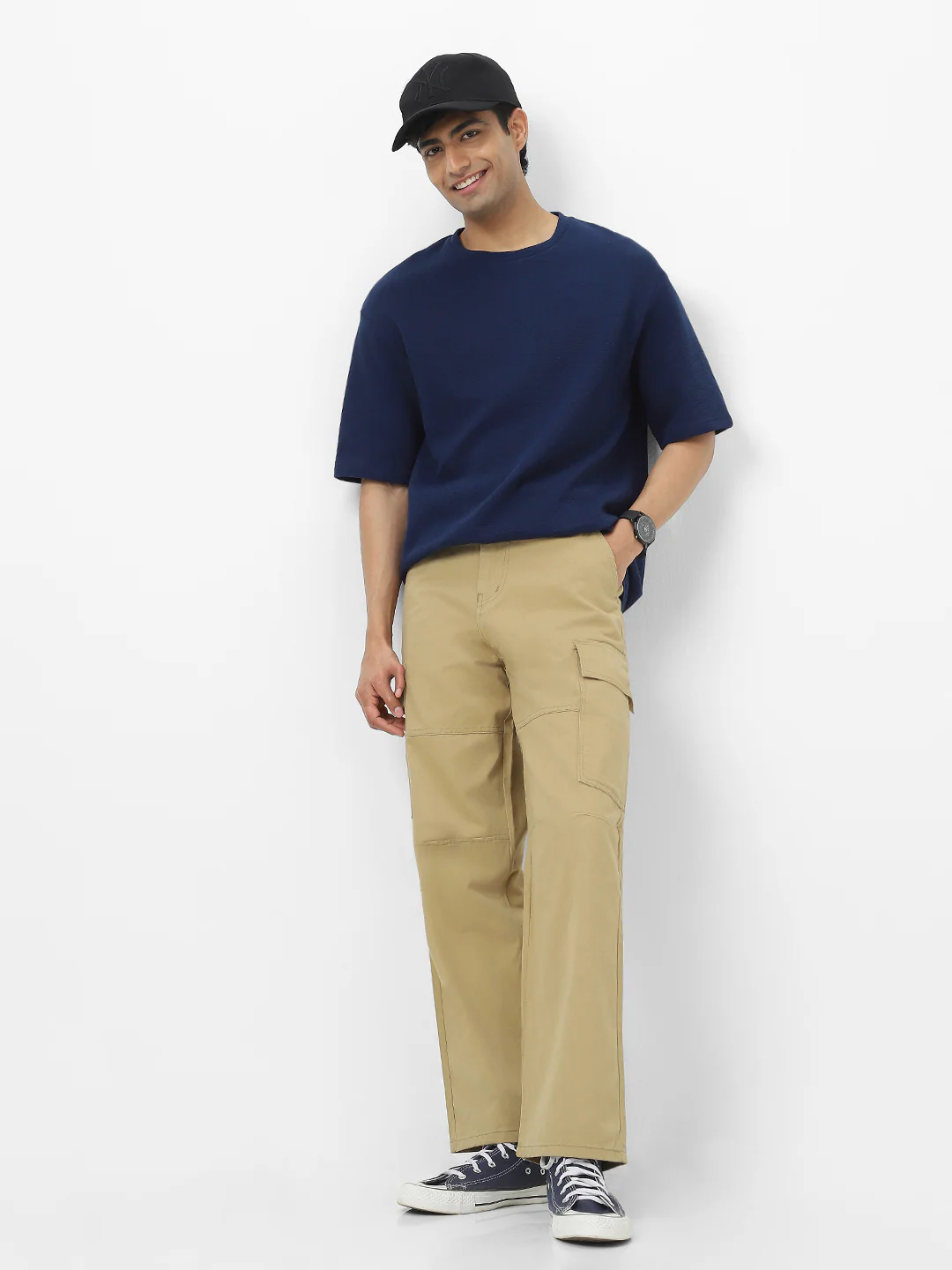 Men's Navy Textured Round Neck Oversized Half Sleeve Cotton T-Shirt - Image 5