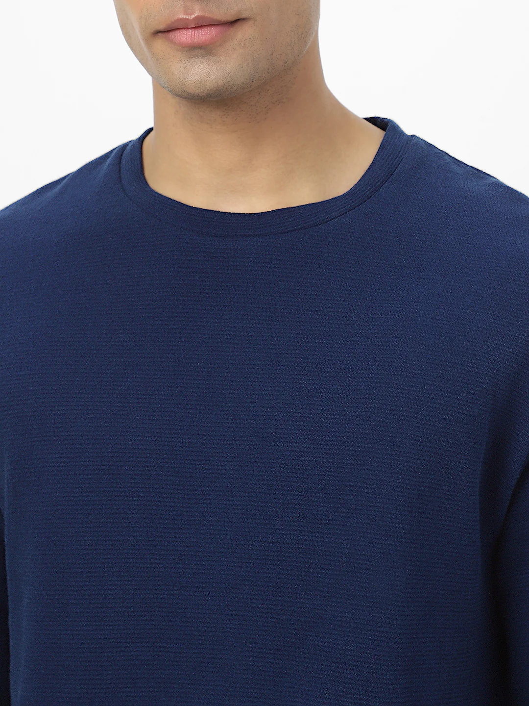 Men's Navy Textured Round Neck Oversized Half Sleeve Cotton T-Shirt - Image 6