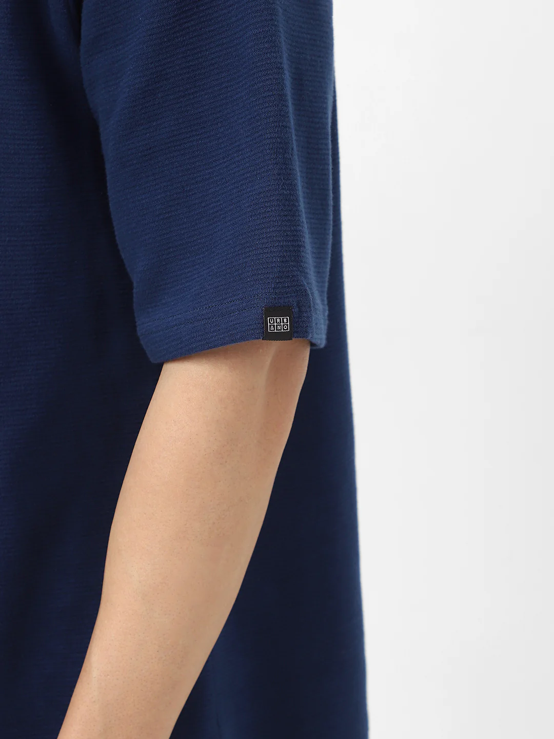 Men's Navy Textured Round Neck Oversized Half Sleeve Cotton T-Shirt - Image 7