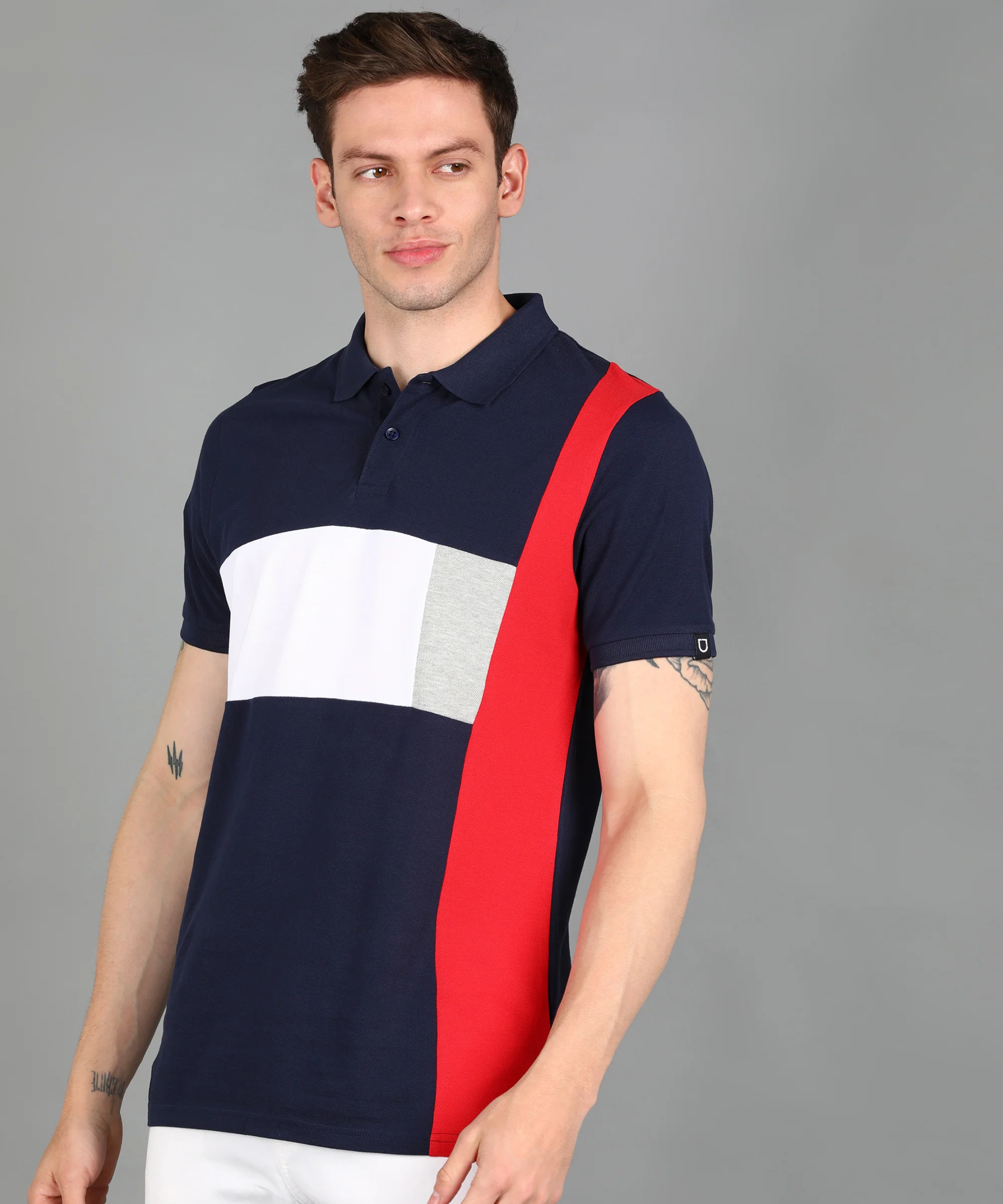 Men's Navy, White, Red Colour-Block Slim Fit Half Sleeve Cotton Polo T-Shirt - Image 2