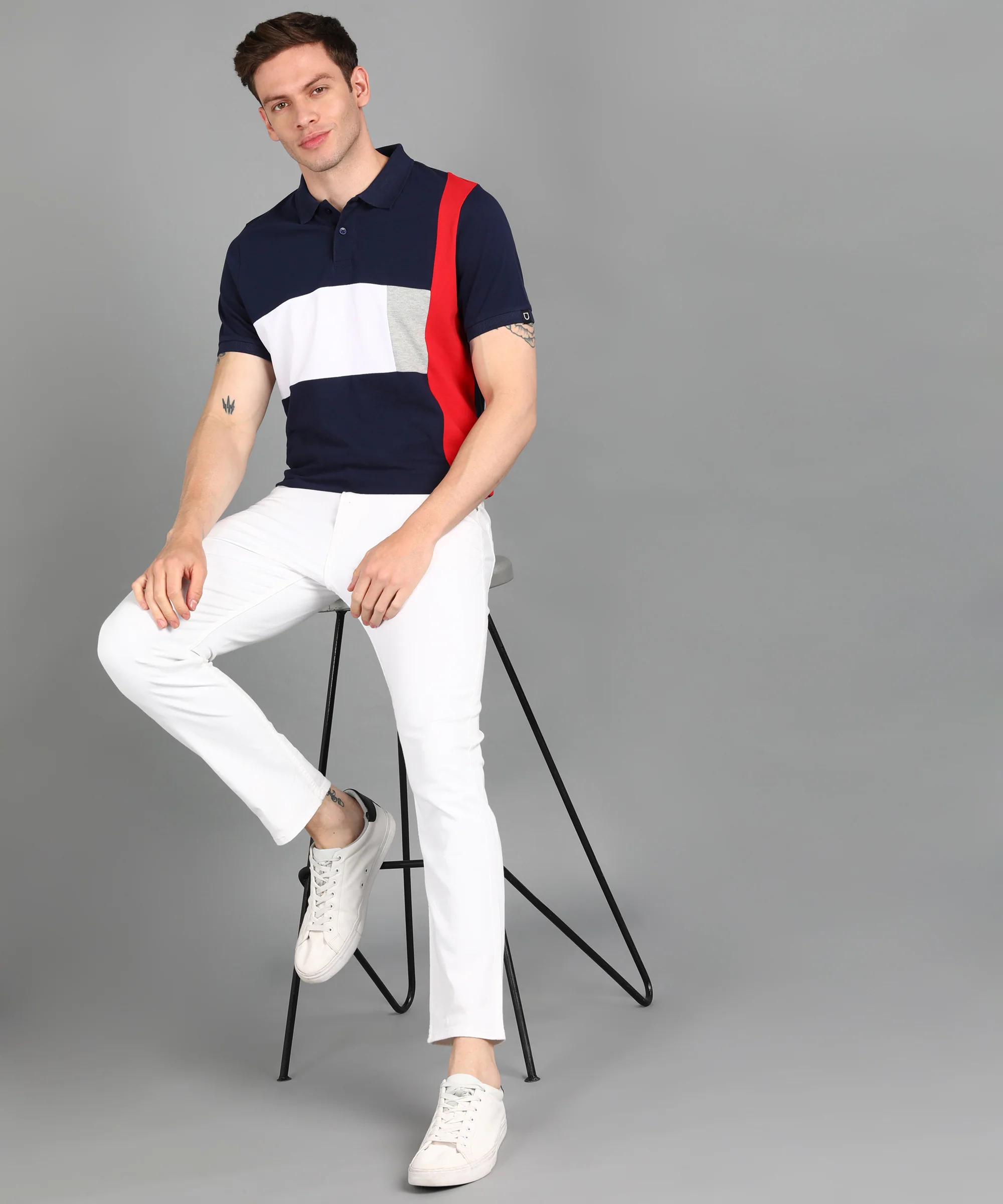 Men's Navy, White, Red Colour-Block Slim Fit Half Sleeve Cotton Polo T-Shirt - Image 4