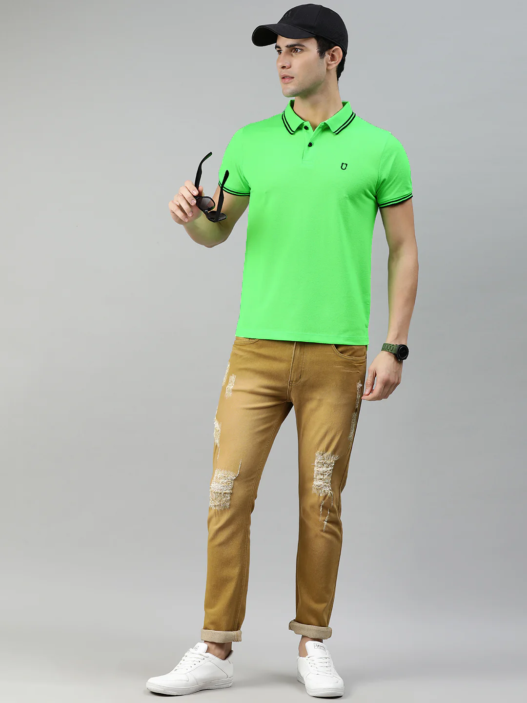 Men's Neon Green Solid Slim Fit Half Sleeve Cotton Polo T-Shirt - Image 4