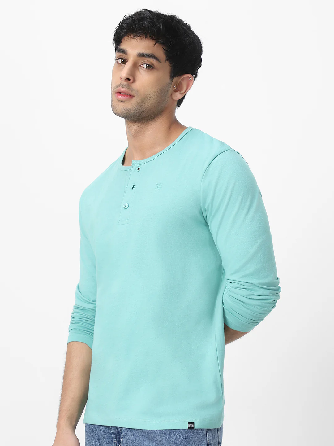 Men's Nile Blue Solid Henley Neck Slim Fit Full Sleeve Cotton T-Shirt - Image 2