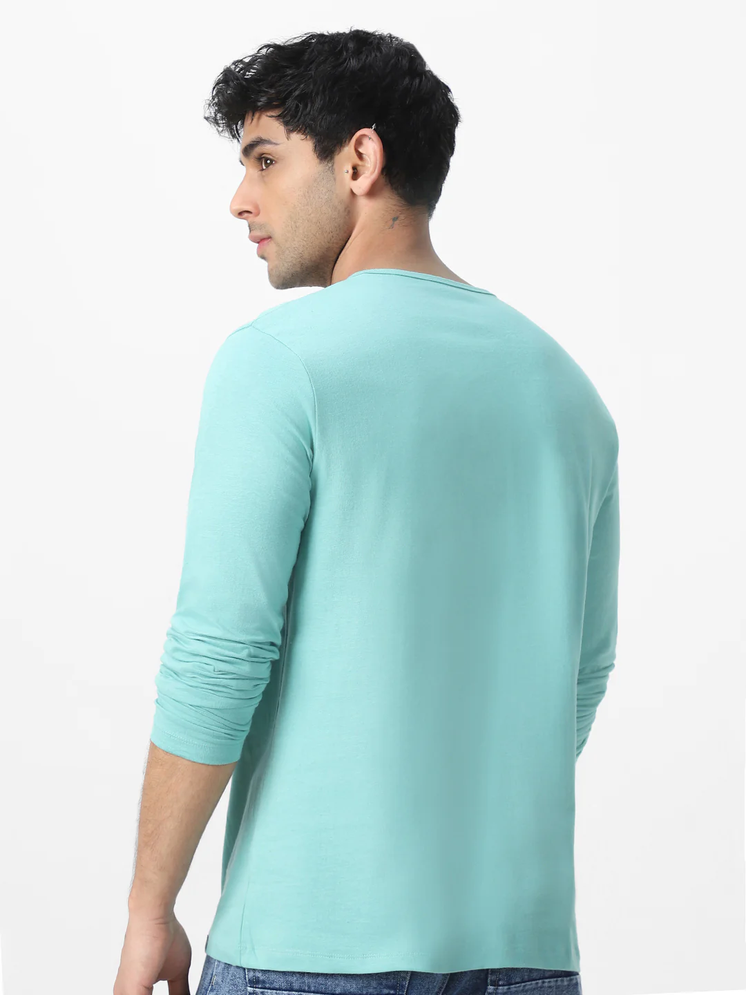 Men's Nile Blue Solid Henley Neck Slim Fit Full Sleeve Cotton T-Shirt - Image 3