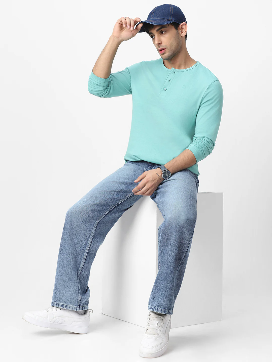 Men's Nile Blue Solid Henley Neck Slim Fit Full Sleeve Cotton T-Shirt - Image 4