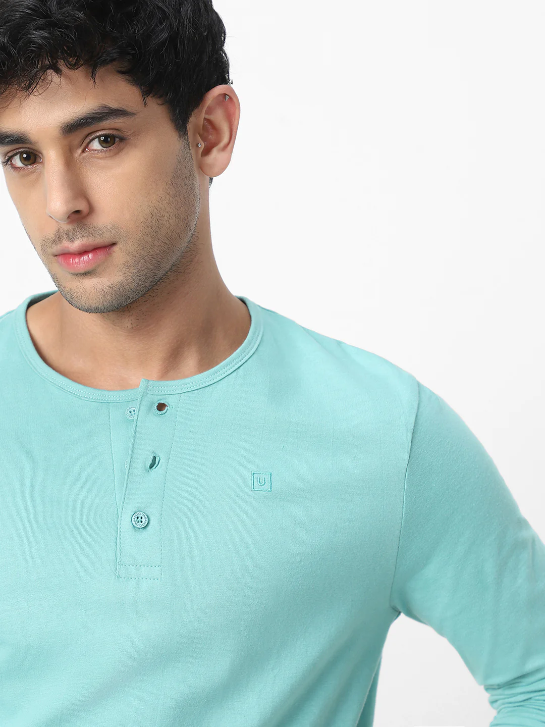 Men's Nile Blue Solid Henley Neck Slim Fit Full Sleeve Cotton T-Shirt - Image 5