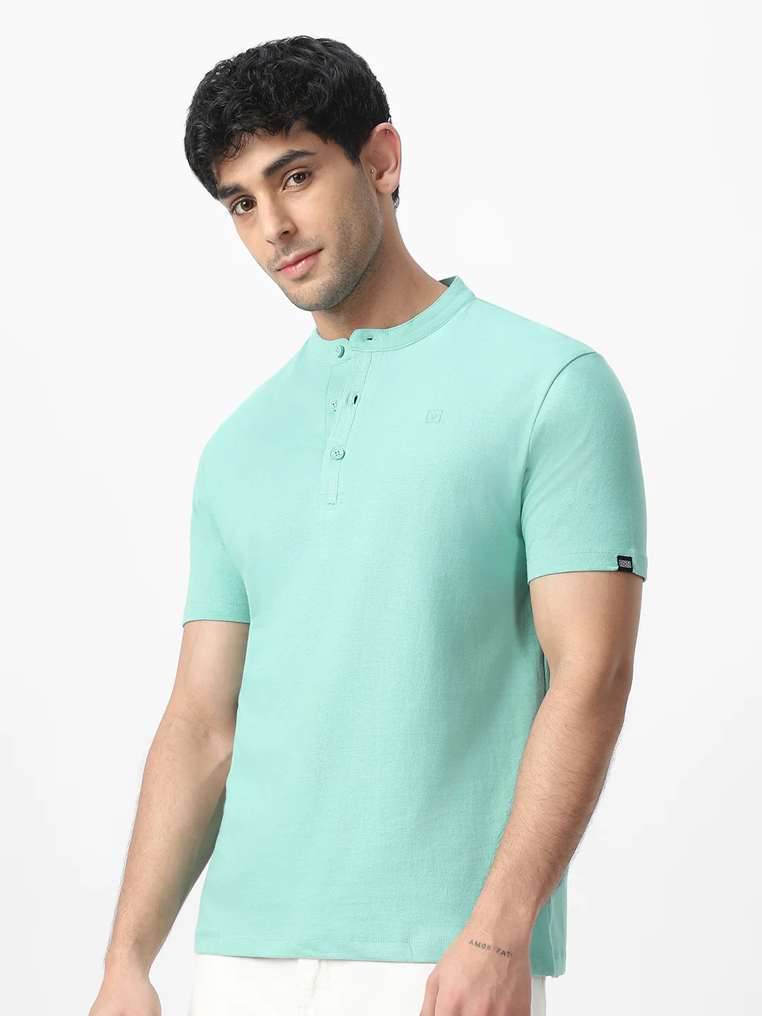 Men's Nile Blue Solid Mandarin Collar Slim Fit Half Sleeve Cotton T-Shirt - Image 2