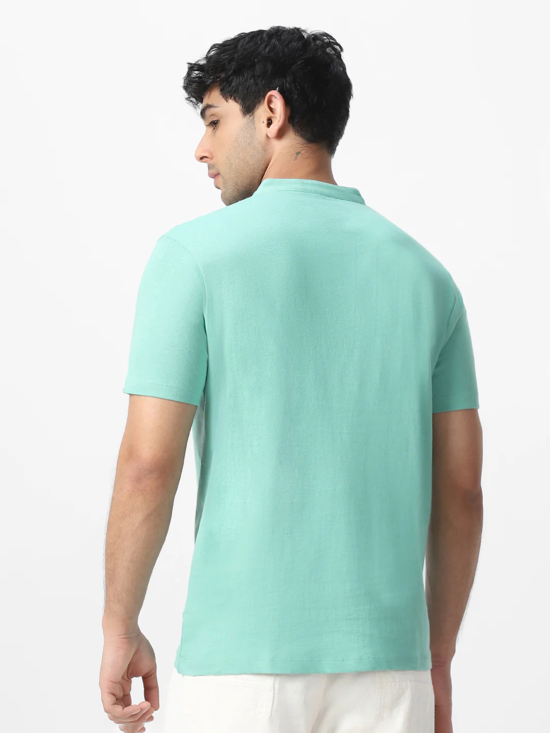Men's Nile Blue Solid Mandarin Collar Slim Fit Half Sleeve Cotton T-Shirt - Image 3