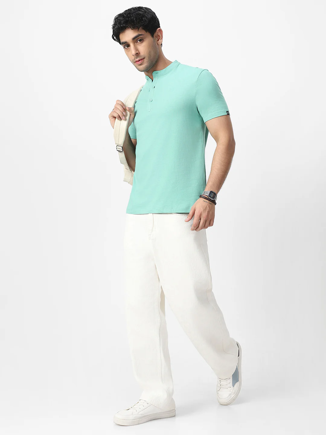 Men's Nile Blue Solid Mandarin Collar Slim Fit Half Sleeve Cotton T-Shirt - Image 4