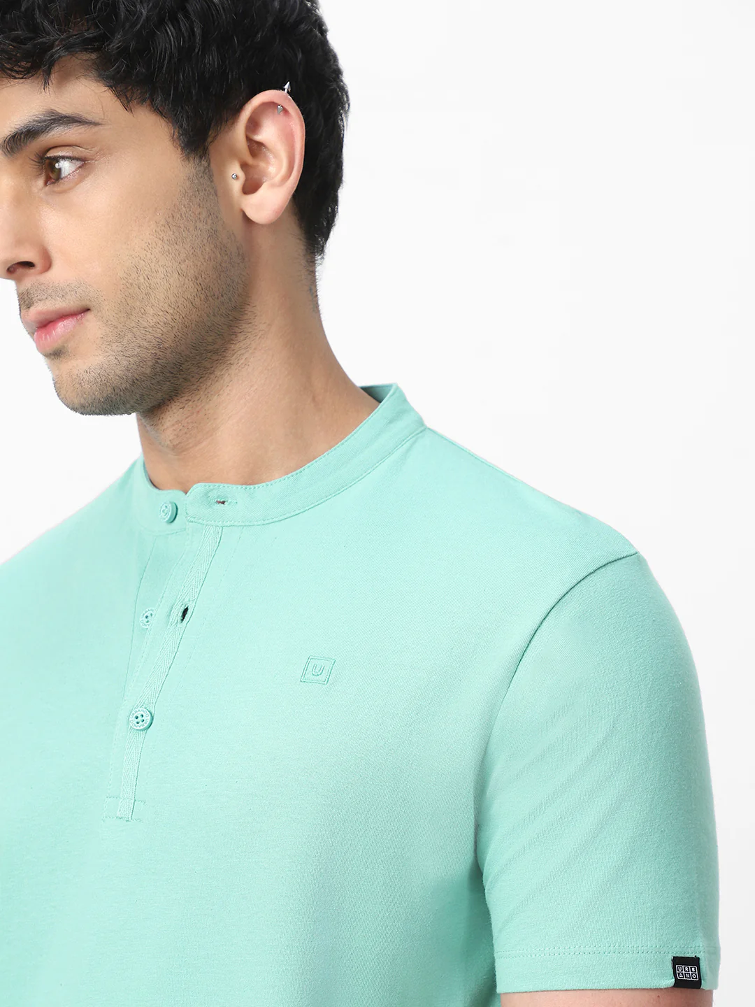 Men's Nile Blue Solid Mandarin Collar Slim Fit Half Sleeve Cotton T-Shirt - Image 5