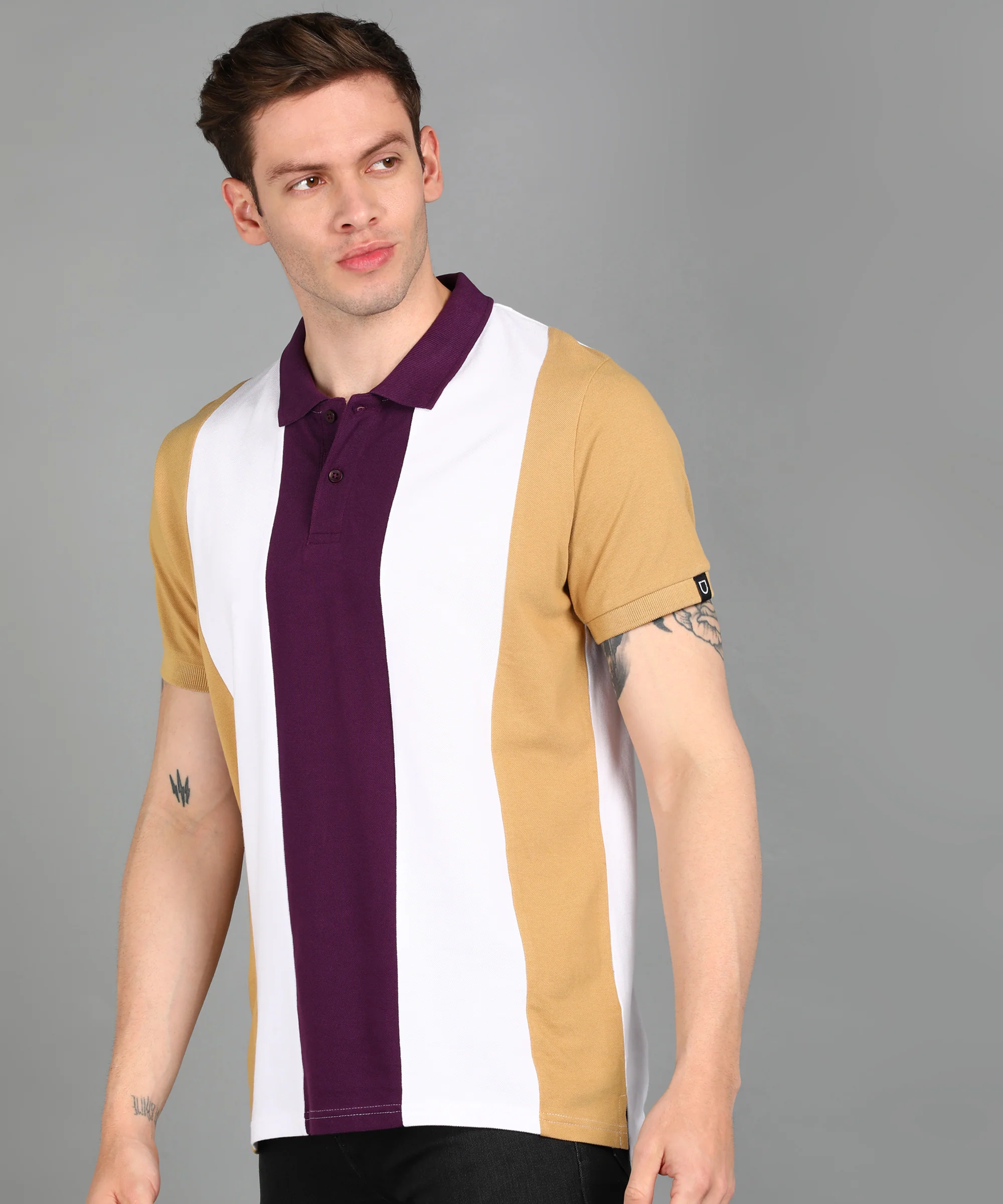 Men's Off White, Purple, Khaki Colour-Block Slim Fit Half Sleeve Cotton Polo T-Shirt - Image 2