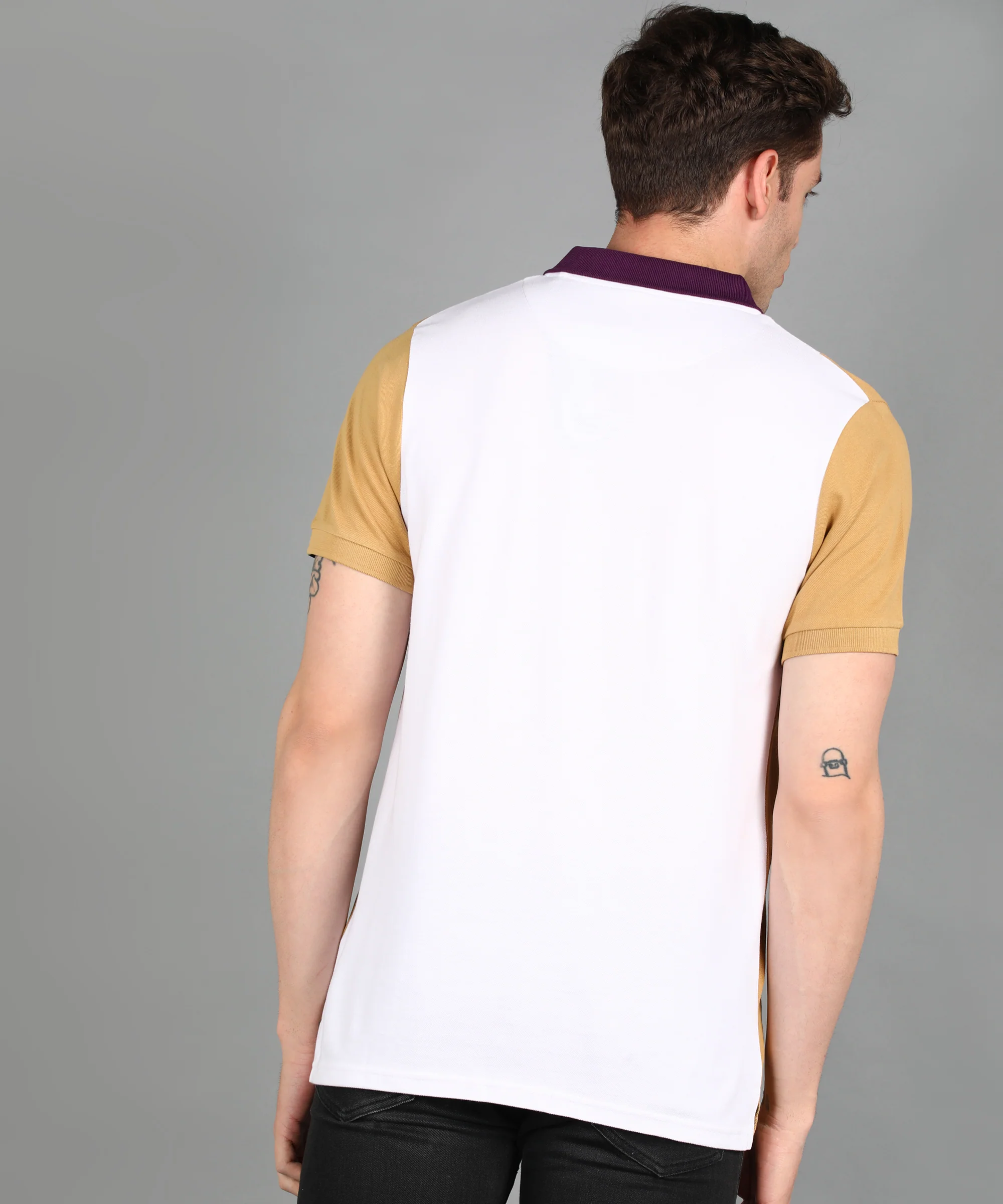 Men's Off White, Purple, Khaki Colour-Block Slim Fit Half Sleeve Cotton Polo T-Shirt - Image 3