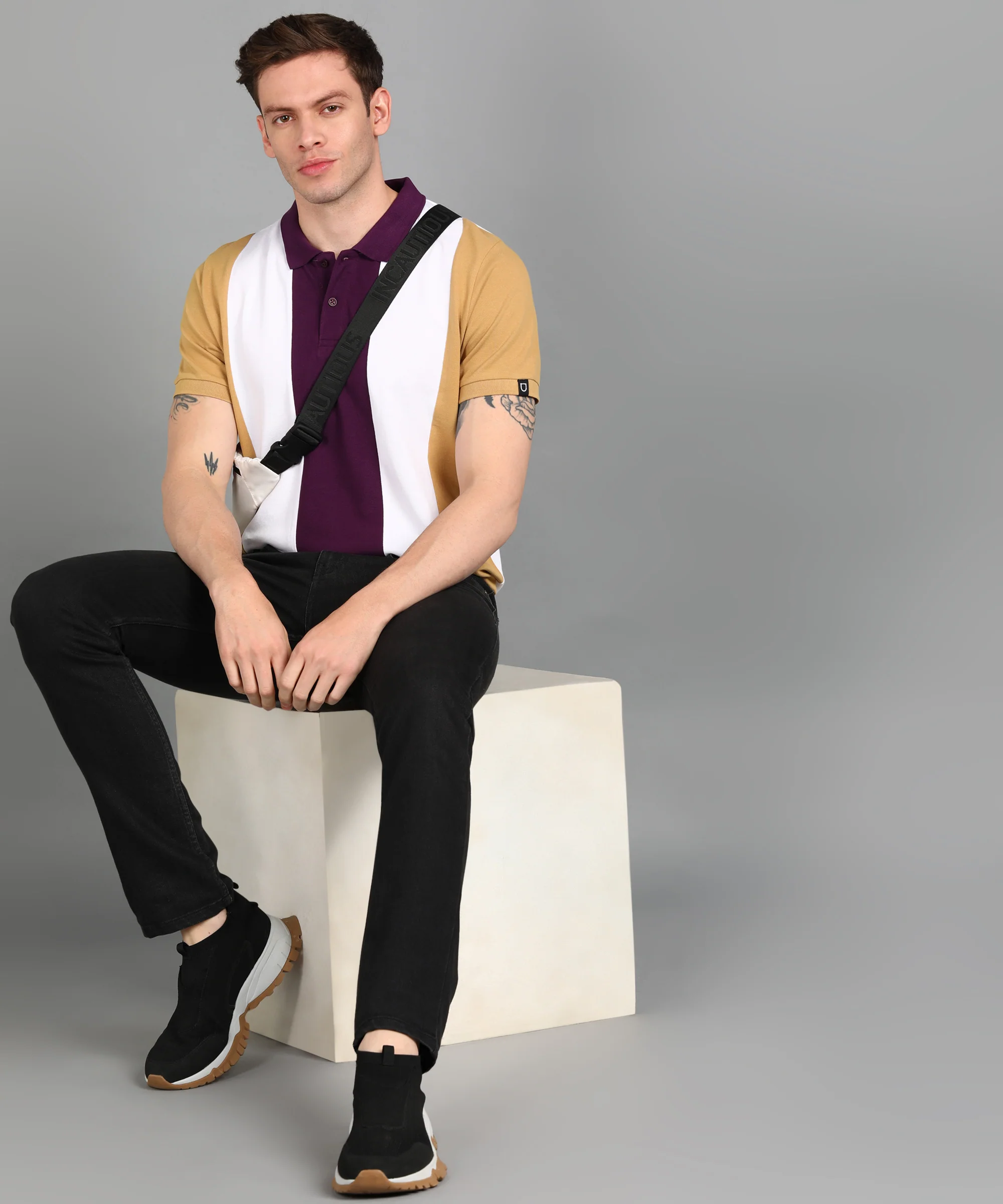 Men's Off White, Purple, Khaki Colour-Block Slim Fit Half Sleeve Cotton Polo T-Shirt - Image 4
