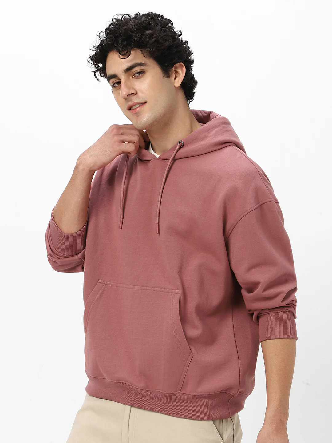Men's Old Rose Cotton Solid Oversized Hooded Neck Sweatshirt - Image 2