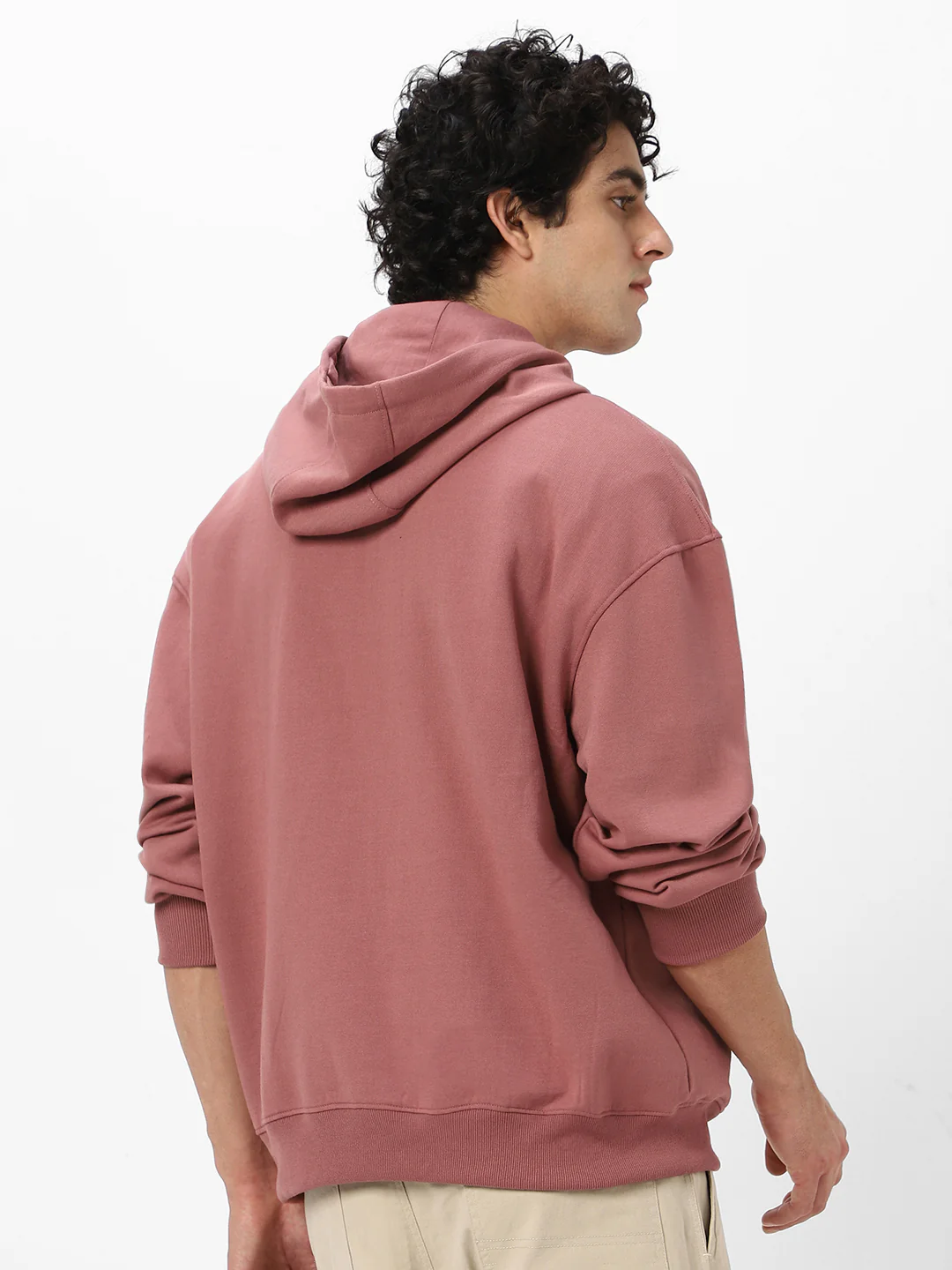 Men's Old Rose Cotton Solid Oversized Hooded Neck Sweatshirt - Image 3