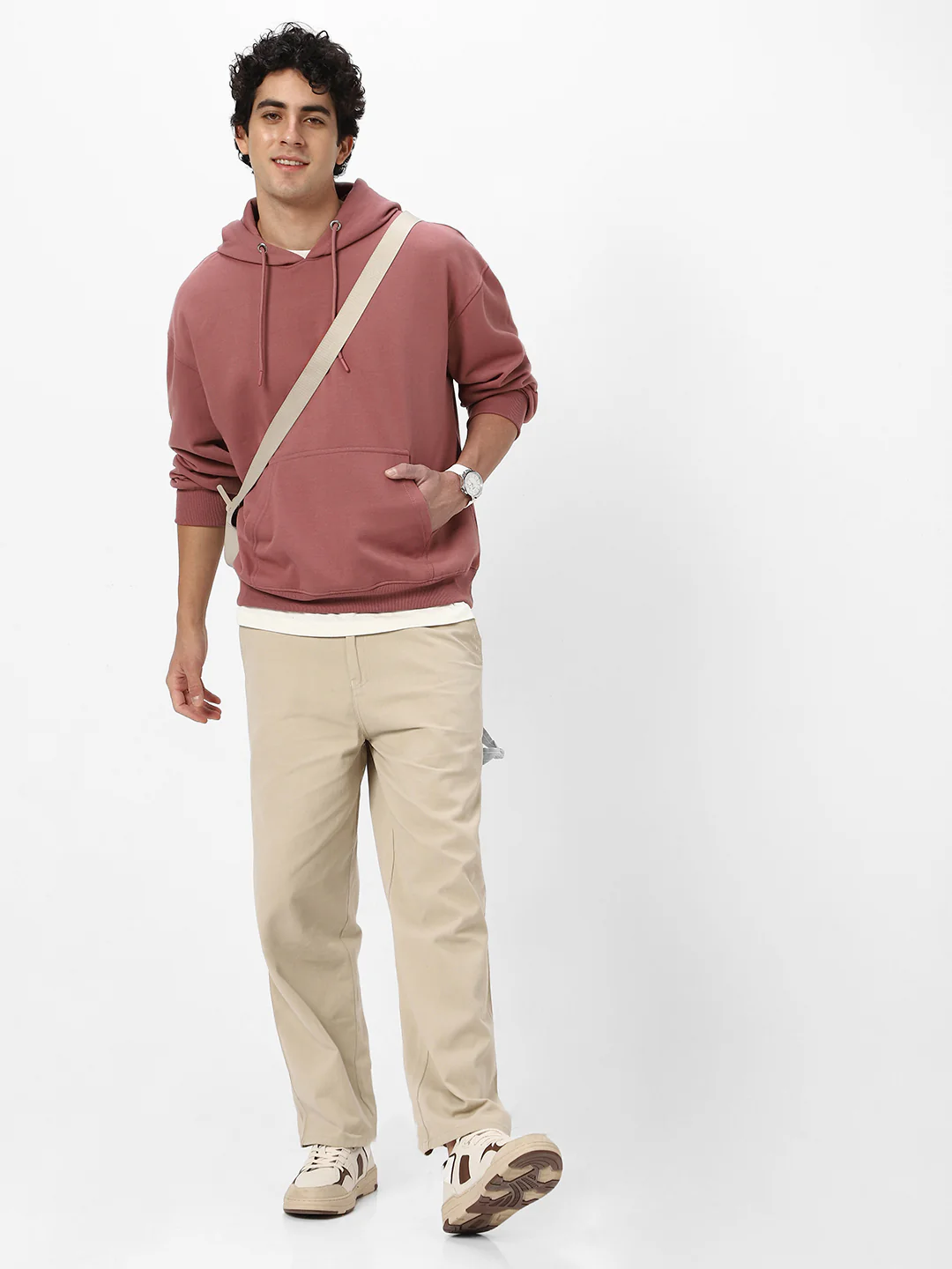 Men's Old Rose Cotton Solid Oversized Hooded Neck Sweatshirt - Image 4