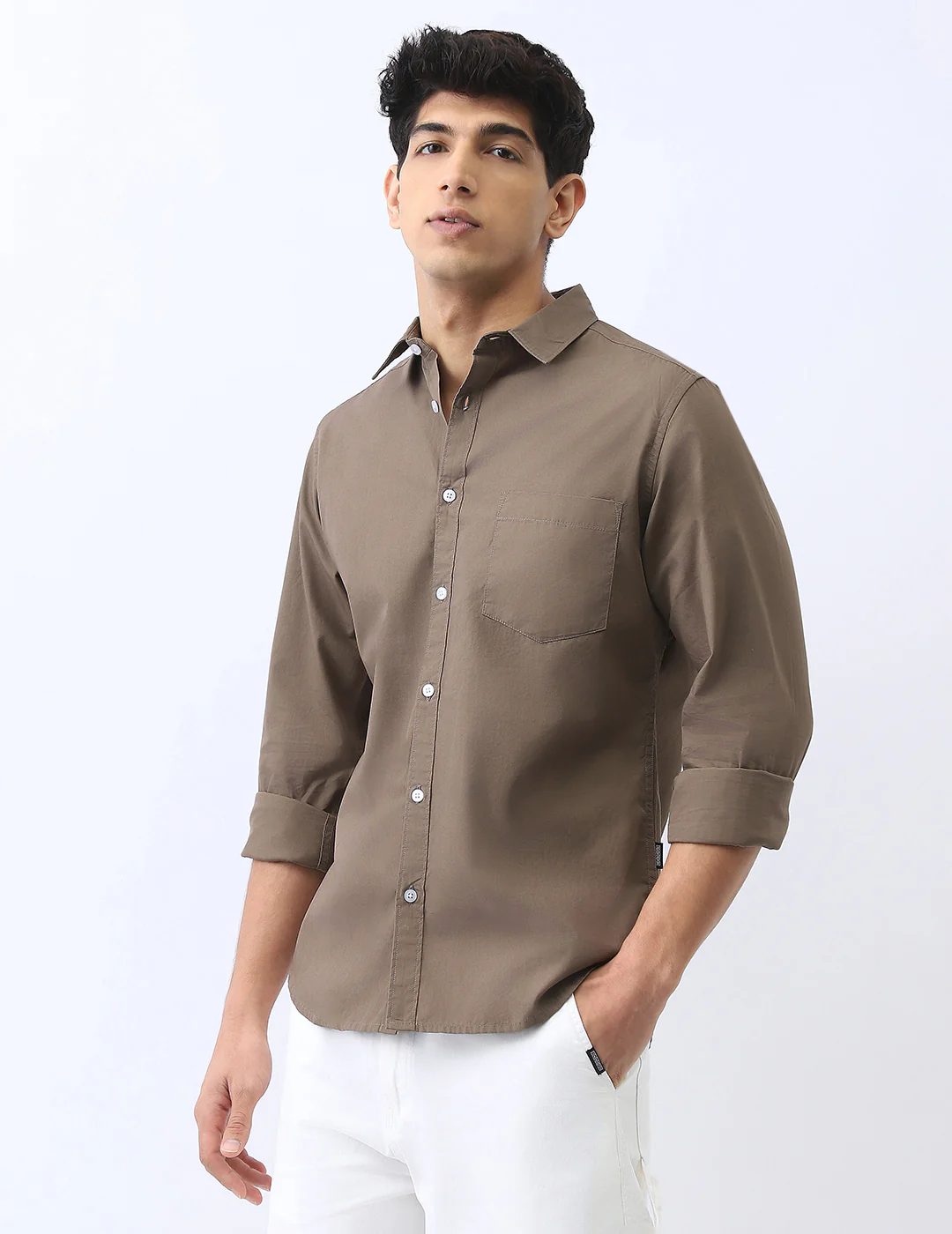 Men's Olive Cotton Full Sleeve Regular Fit Casual Solid Shirt - Image 2