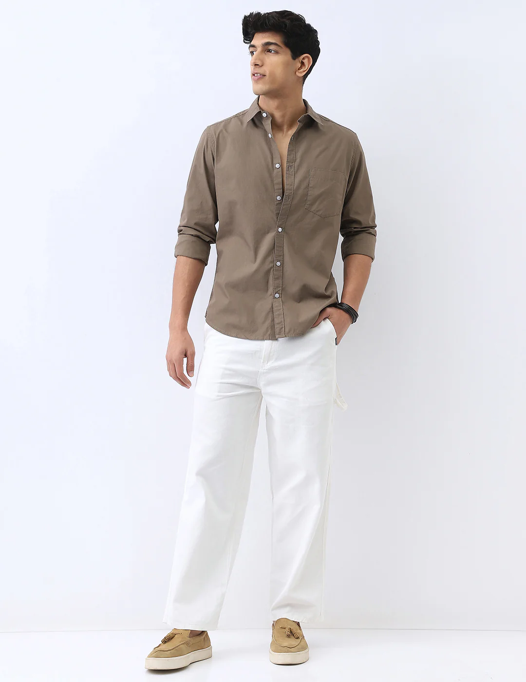 Men's Olive Cotton Full Sleeve Regular Fit Casual Solid Shirt - Image 4