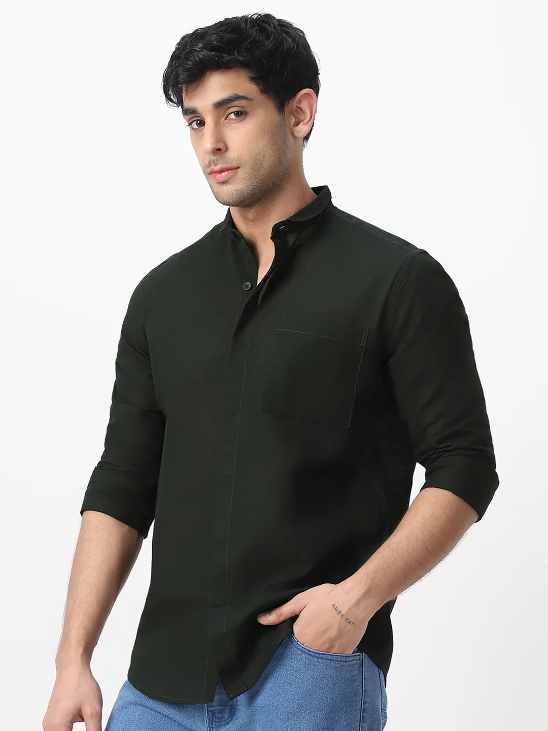 Men's Olive Cotton Full Sleeve Regular Fit Casual Solid Shirt with Band Collar - Image 2