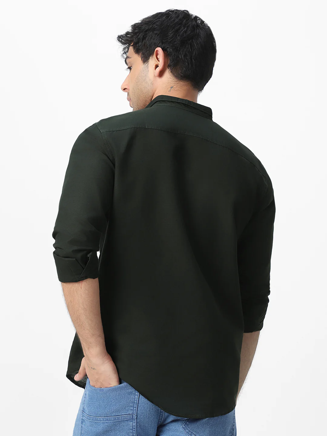 Men's Olive Cotton Full Sleeve Regular Fit Casual Solid Shirt with Band Collar - Image 3