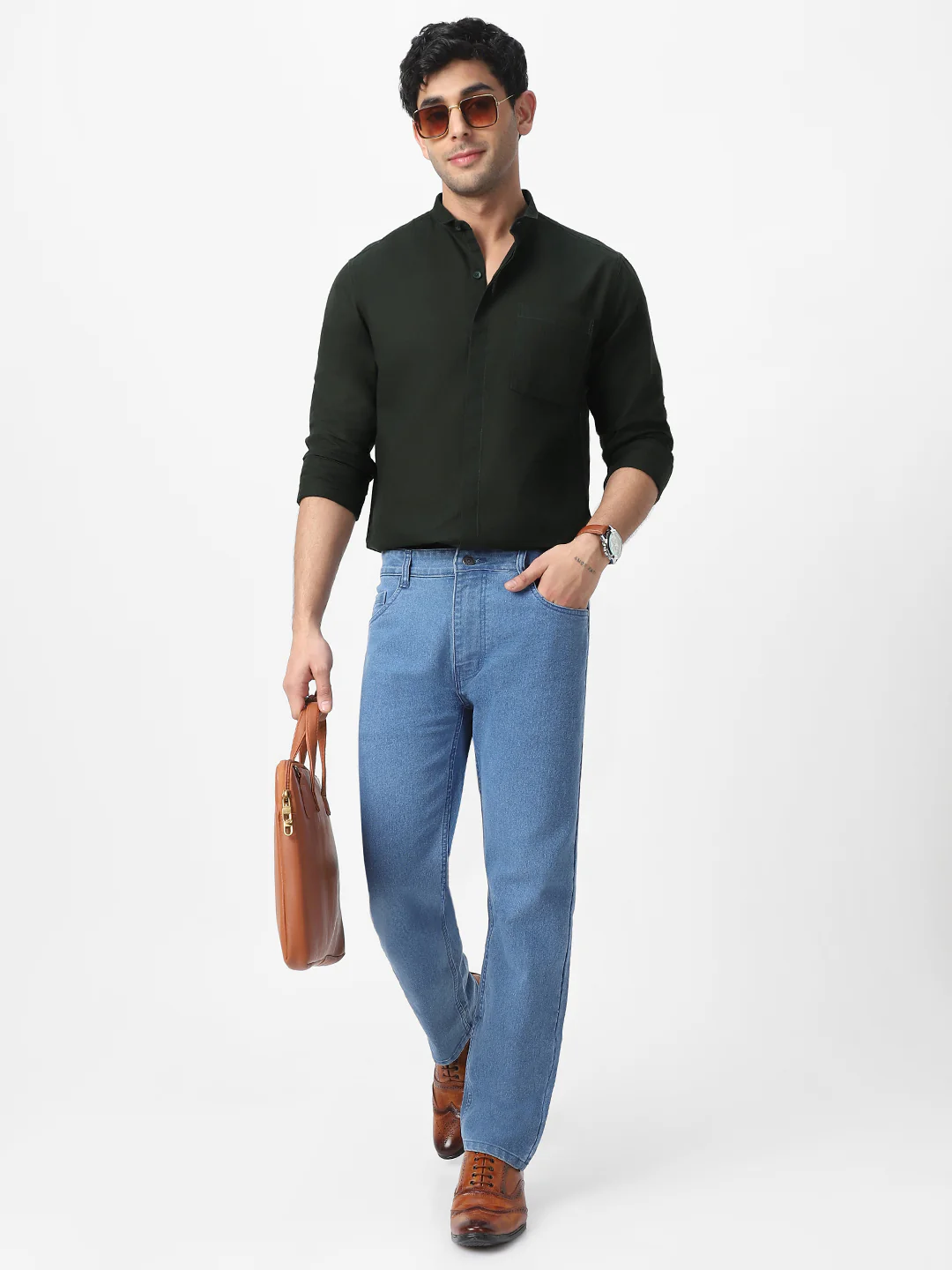 Men's Olive Cotton Full Sleeve Regular Fit Casual Solid Shirt with Band Collar - Image 4